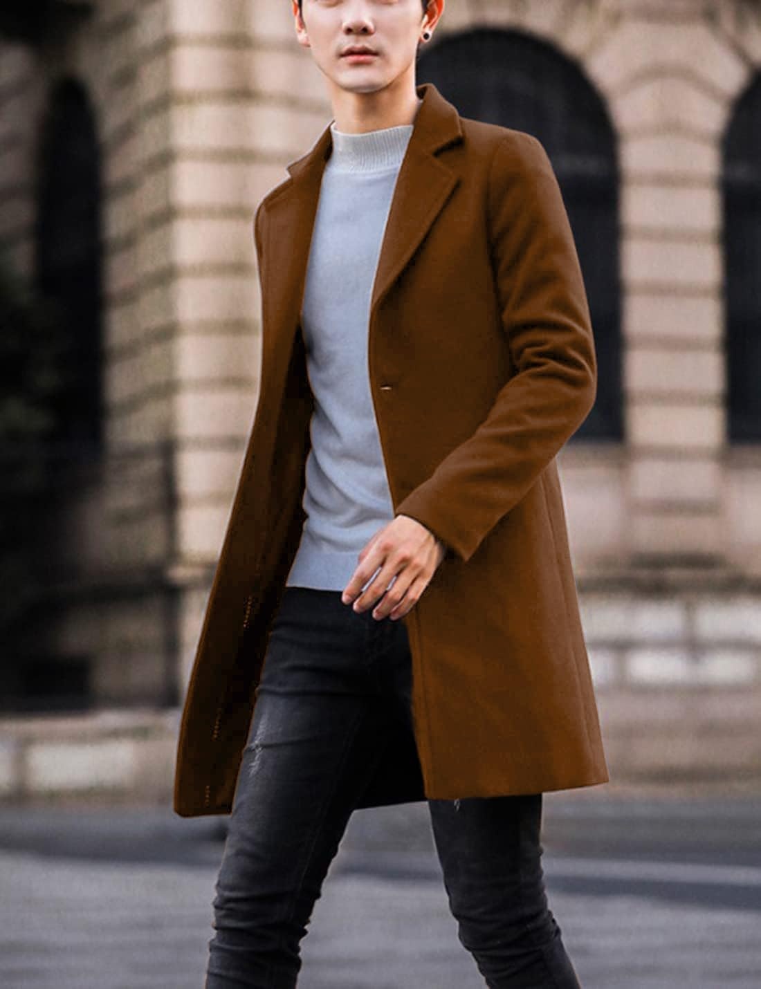 image:imageSpringrain Mens Wool Blend Pea Coat Single Breasted OvercoatDarkbrown