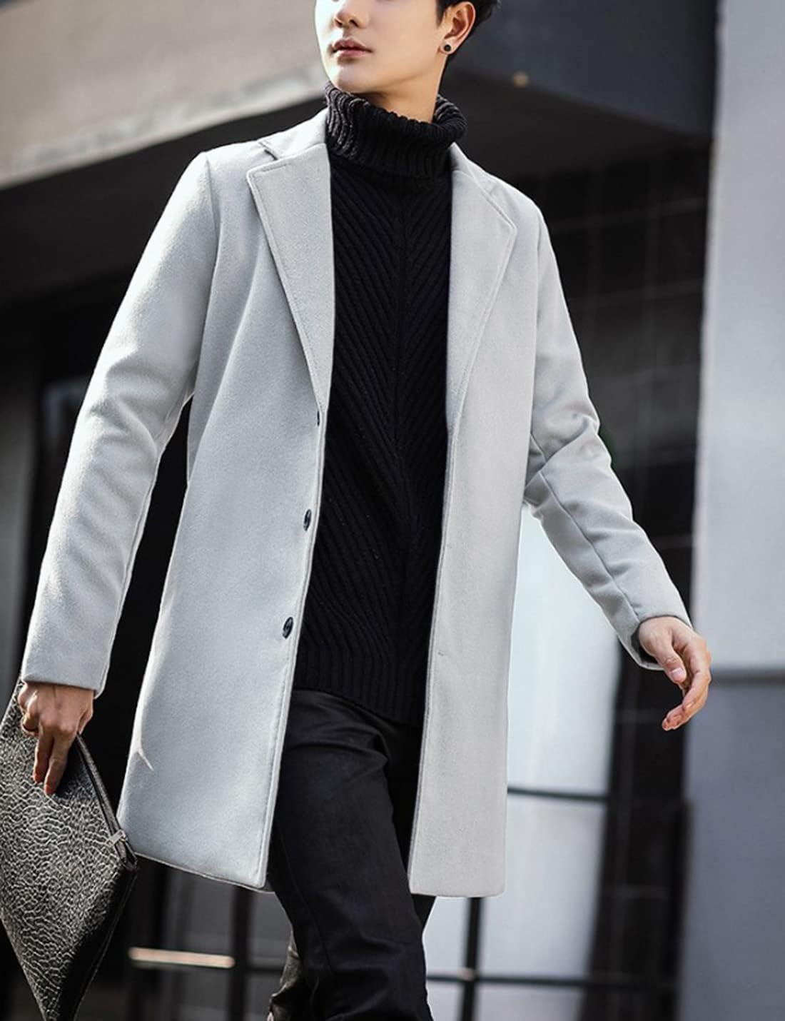 image:imageSpringrain Mens Wool Blend Pea Coat Single Breasted OvercoatLight Gray