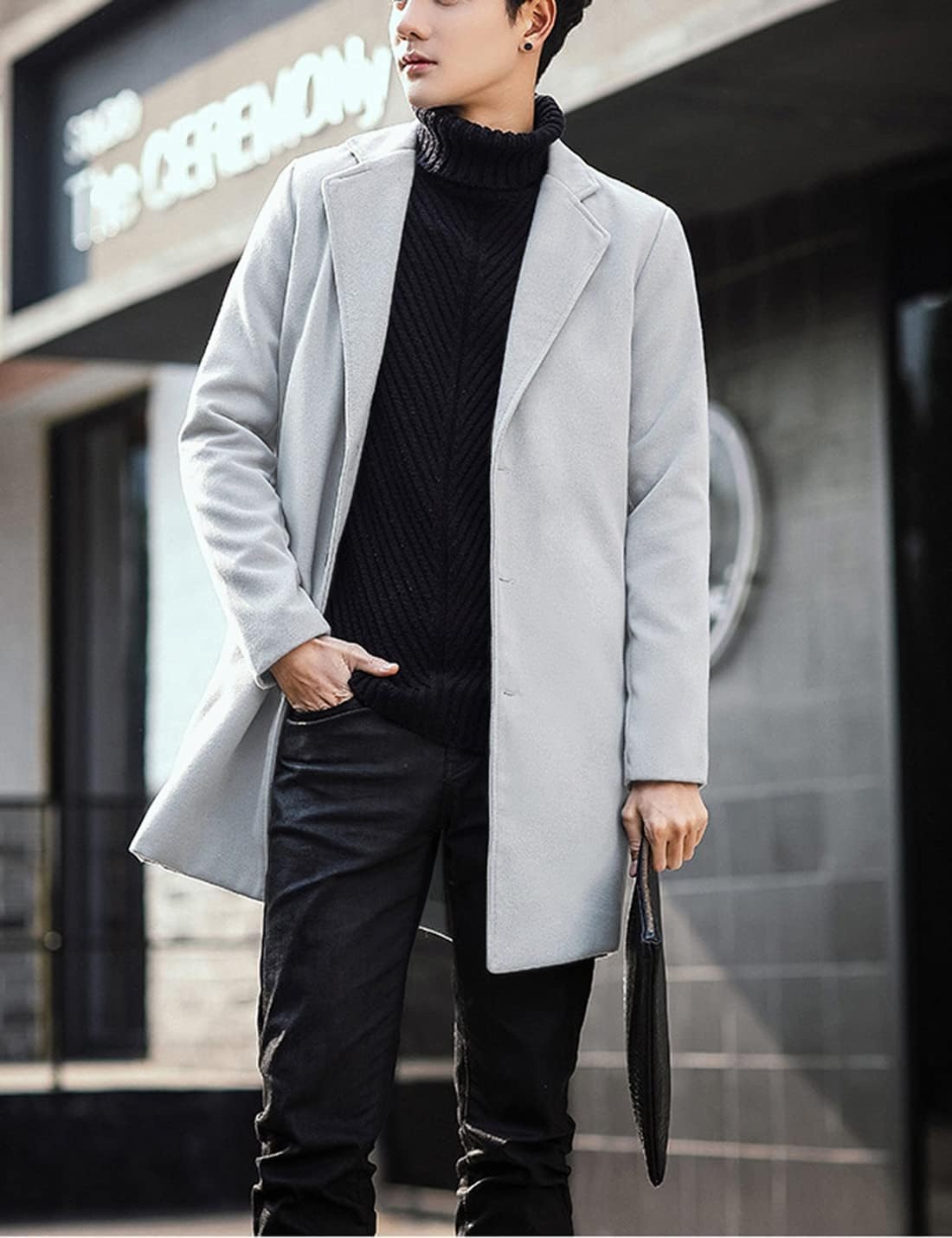 image:imageSpringrain Mens Wool Blend Pea Coat Single Breasted OvercoatLight Gray