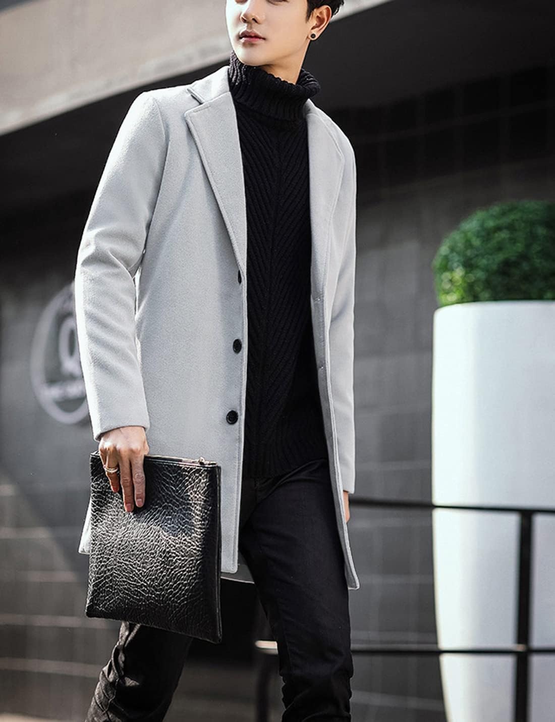 image:imageSpringrain Mens Wool Blend Pea Coat Single Breasted OvercoatLight Gray