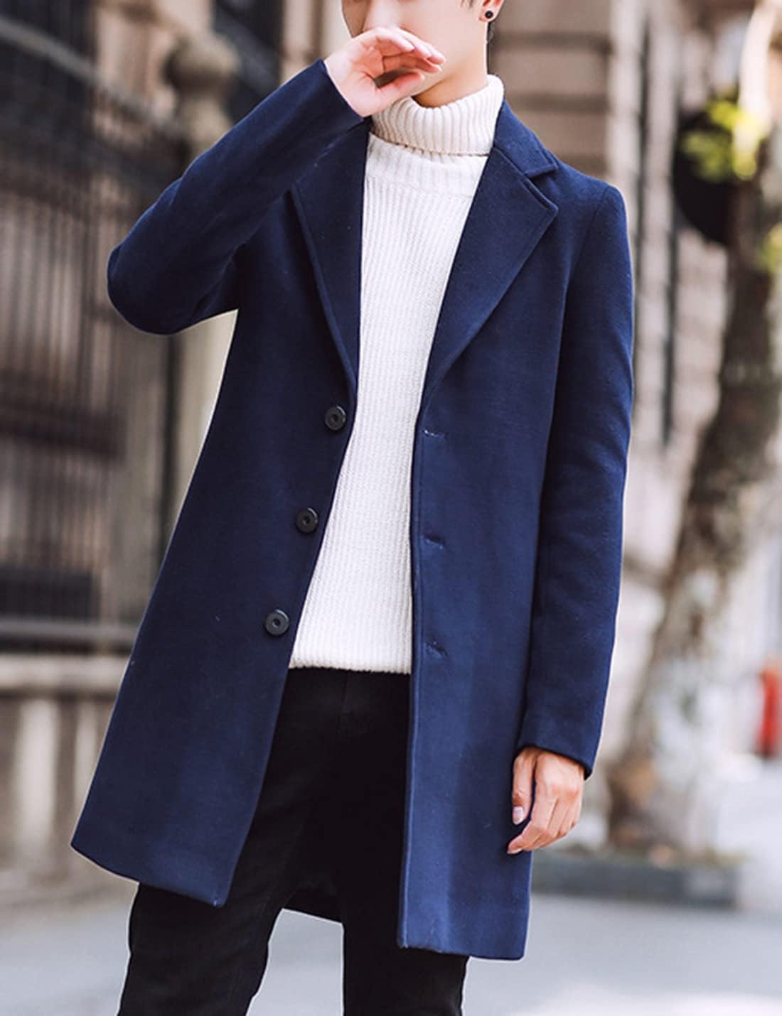image:imageSpringrain Mens Wool Blend Pea Coat Single Breasted OvercoatNavy