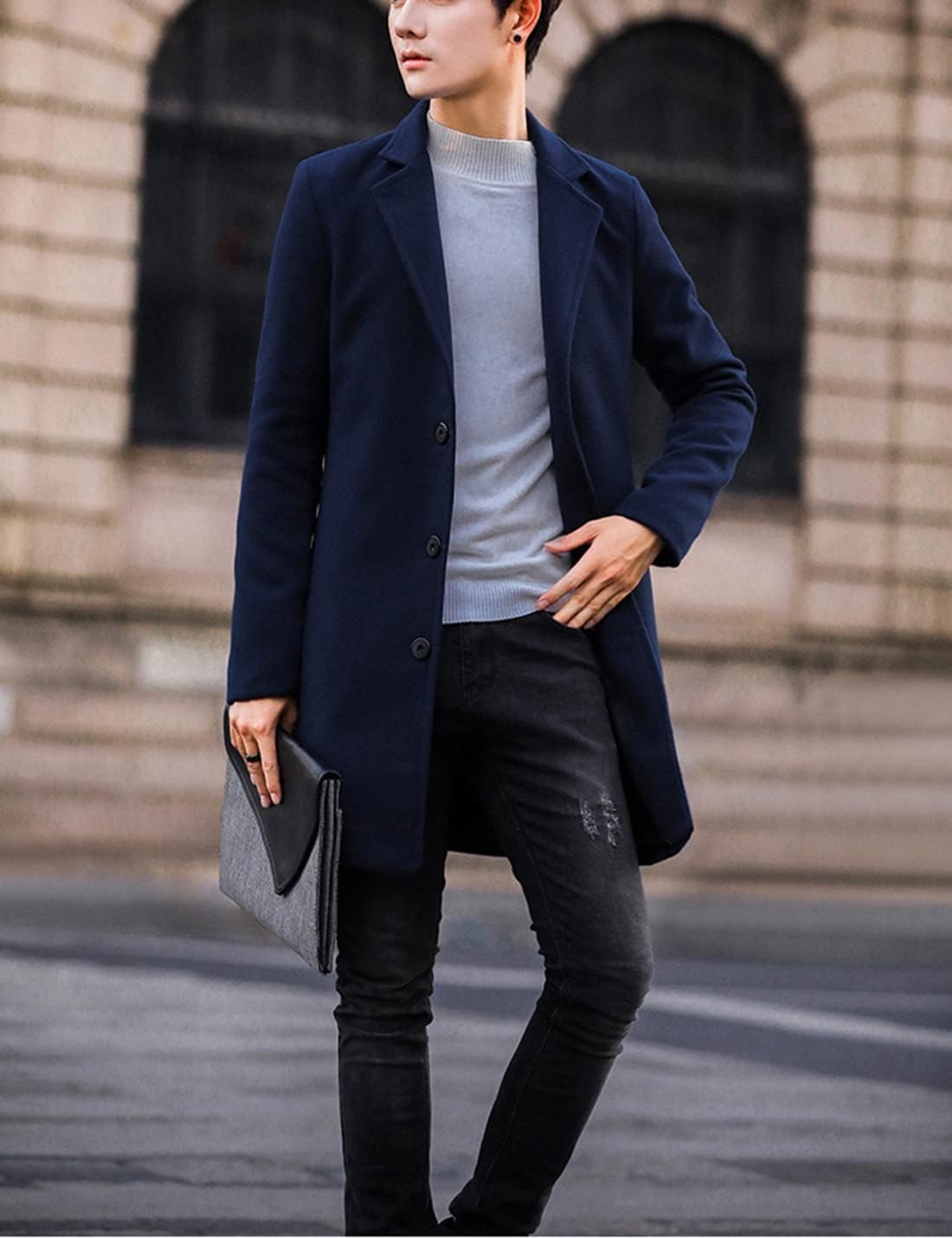 image:imageSpringrain Mens Wool Blend Pea Coat Single Breasted OvercoatNavy