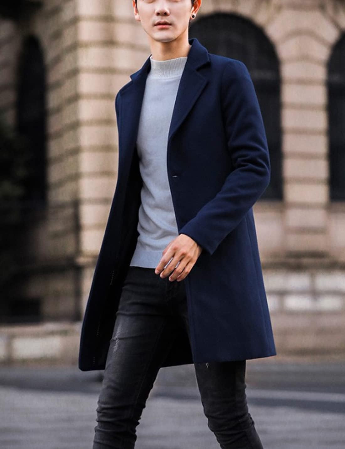 image:imageSpringrain Mens Wool Blend Pea Coat Single Breasted OvercoatNavy