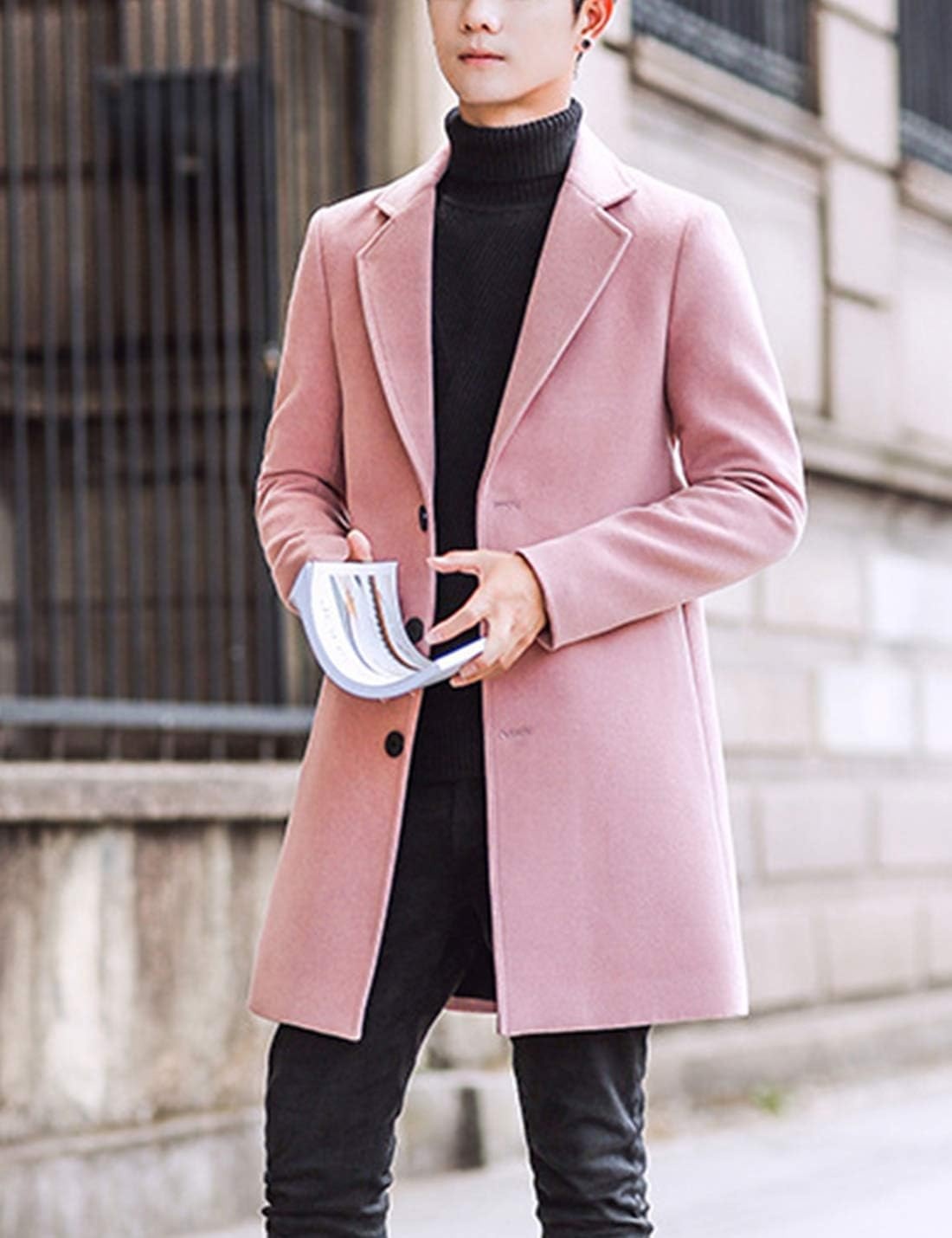 image:imageSpringrain Mens Wool Blend Pea Coat Single Breasted OvercoatPink
