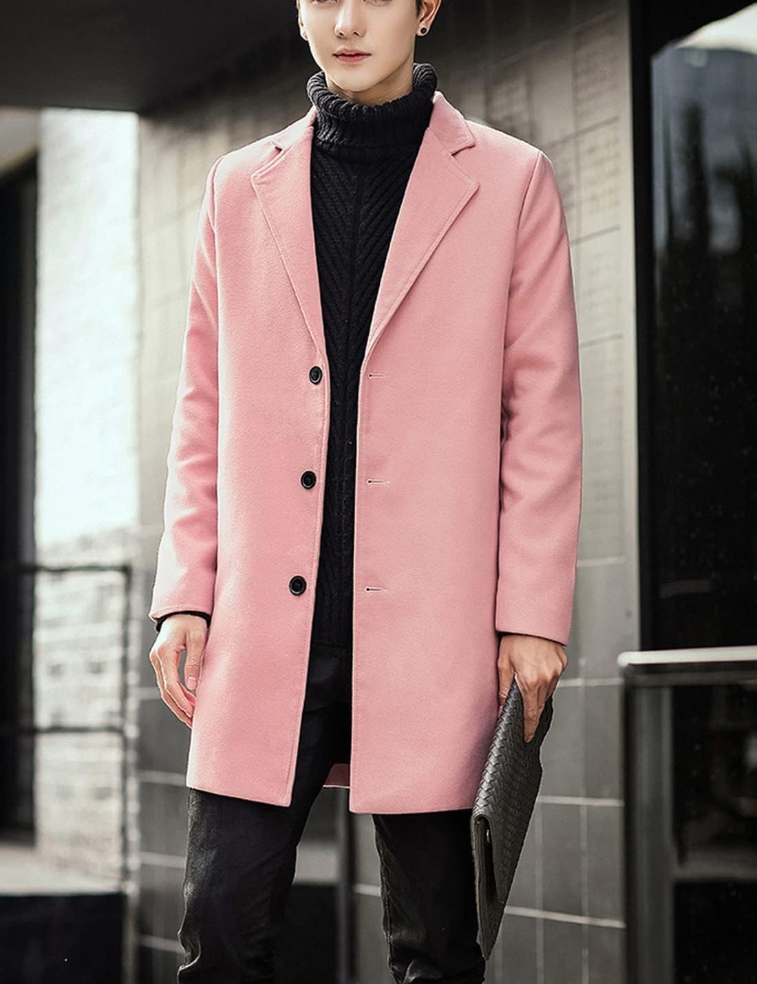 image:imageSpringrain Mens Wool Blend Pea Coat Single Breasted OvercoatPink