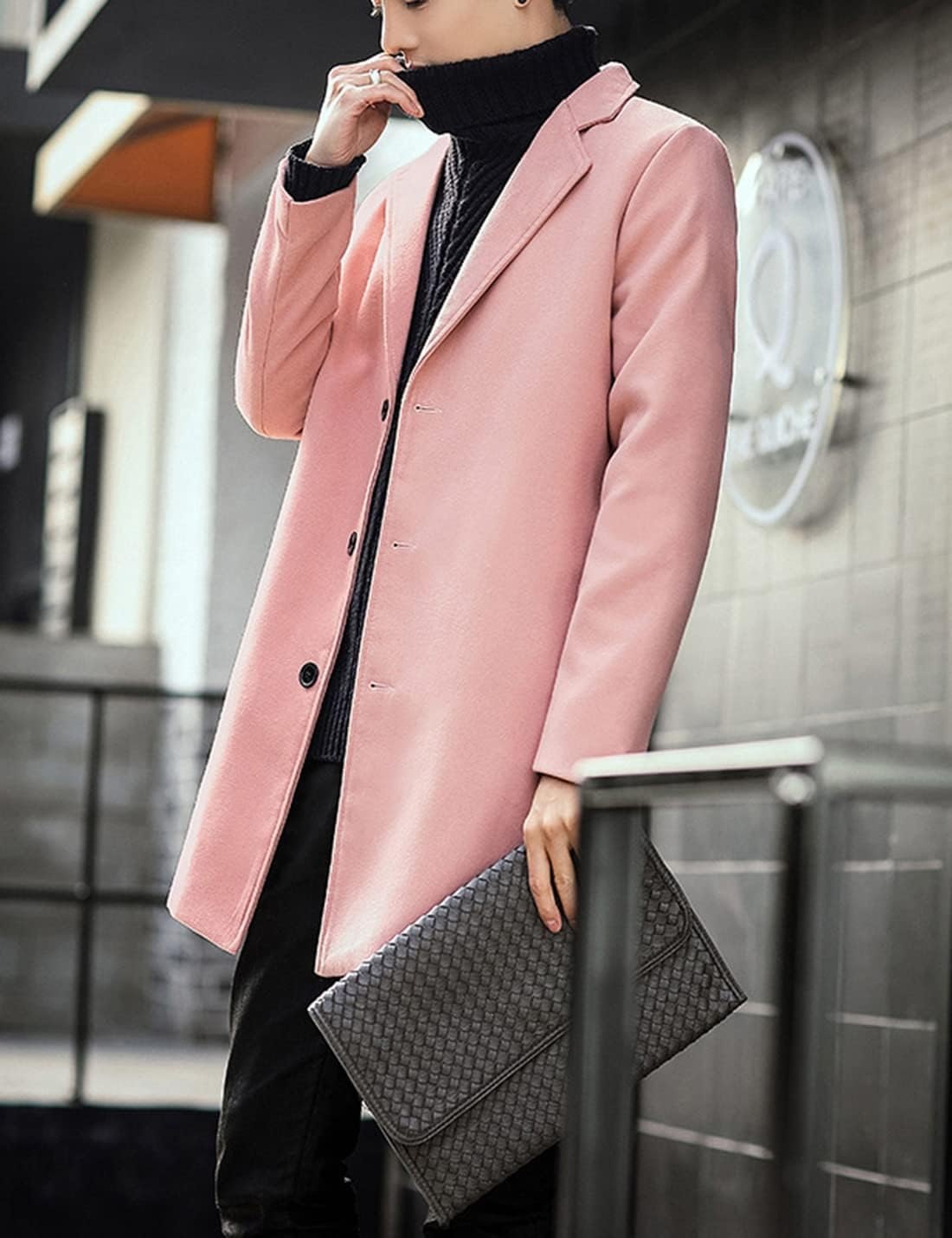 image:imageSpringrain Mens Wool Blend Pea Coat Single Breasted OvercoatPink