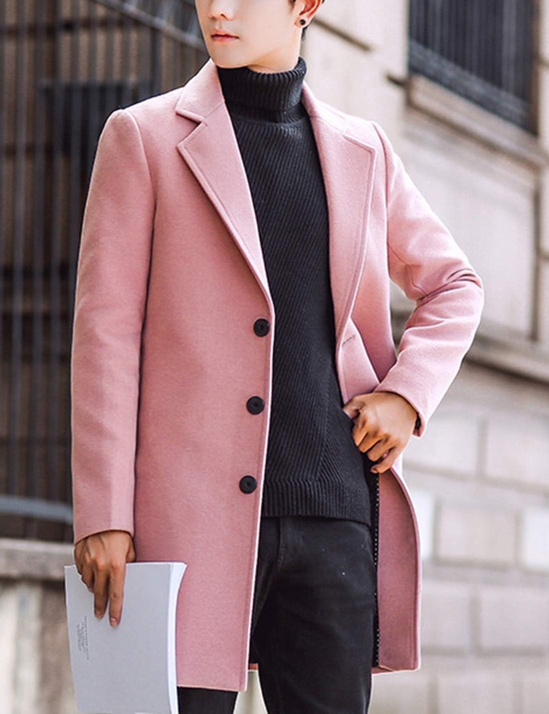 image:imageSpringrain Mens Wool Blend Pea Coat Single Breasted OvercoatPink