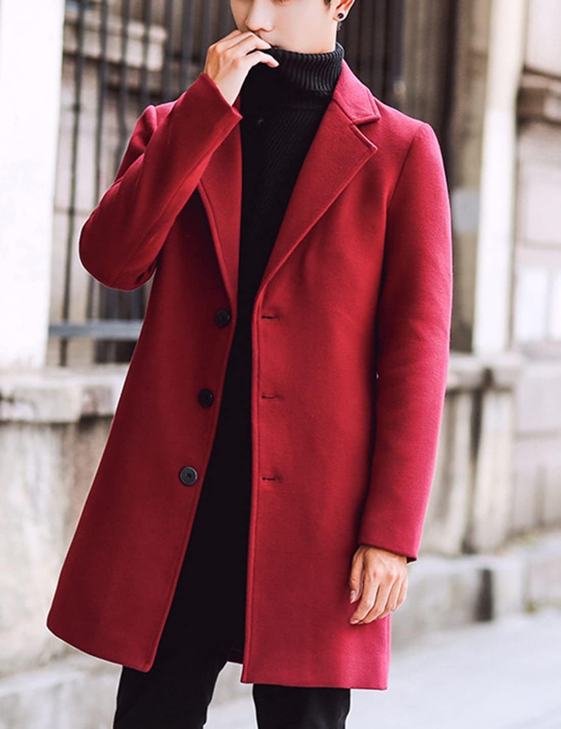 image:imageSpringrain Mens Wool Blend Pea Coat Single Breasted OvercoatRed