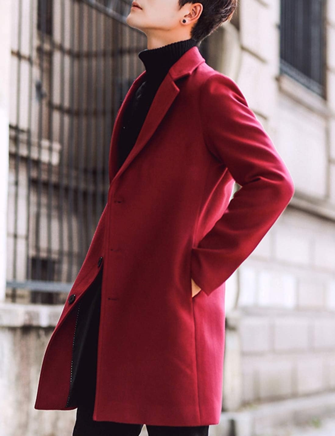 image:imageSpringrain Mens Wool Blend Pea Coat Single Breasted OvercoatRed