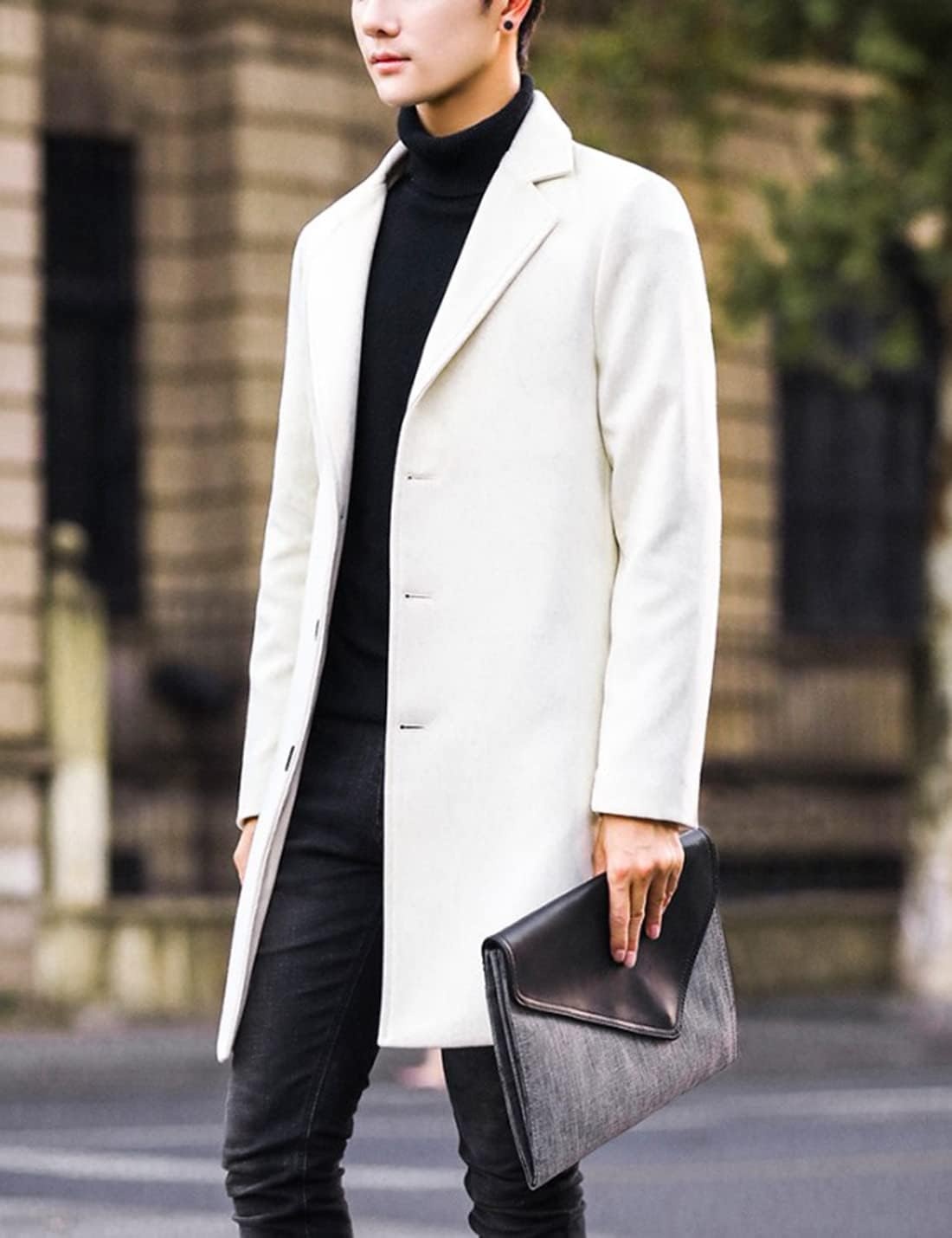 image:imageSpringrain Mens Wool Blend Pea Coat Single Breasted OvercoatWhite