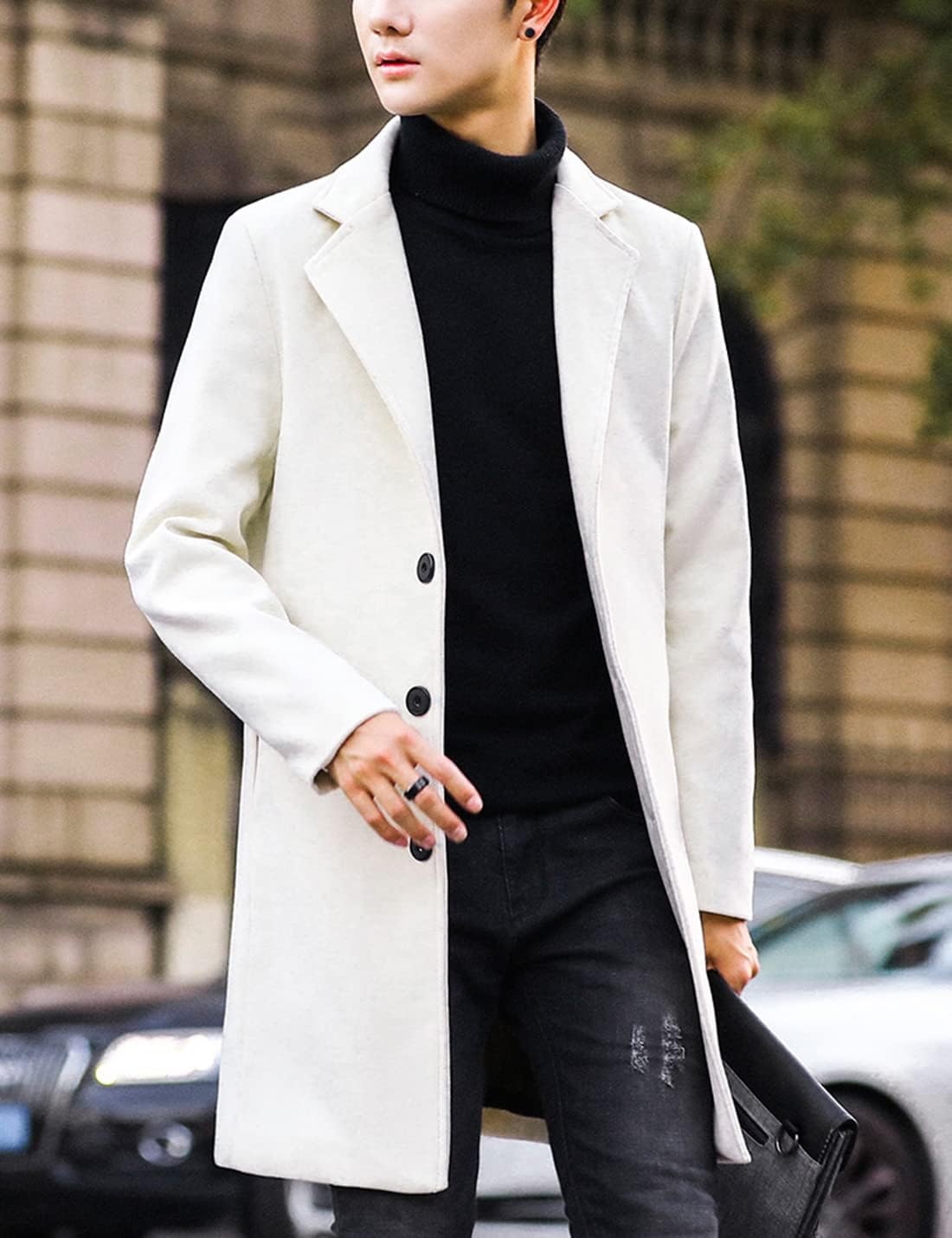 image:imageSpringrain Mens Wool Blend Pea Coat Single Breasted OvercoatWhite