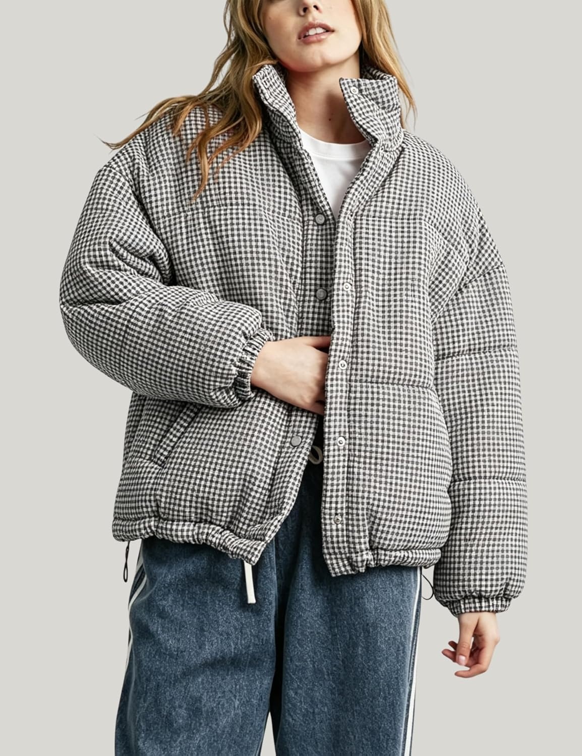 image:imageSpringrain Womens Gingham Quilted Zip Up Puffer Jacket Winter Warm CoatBlack