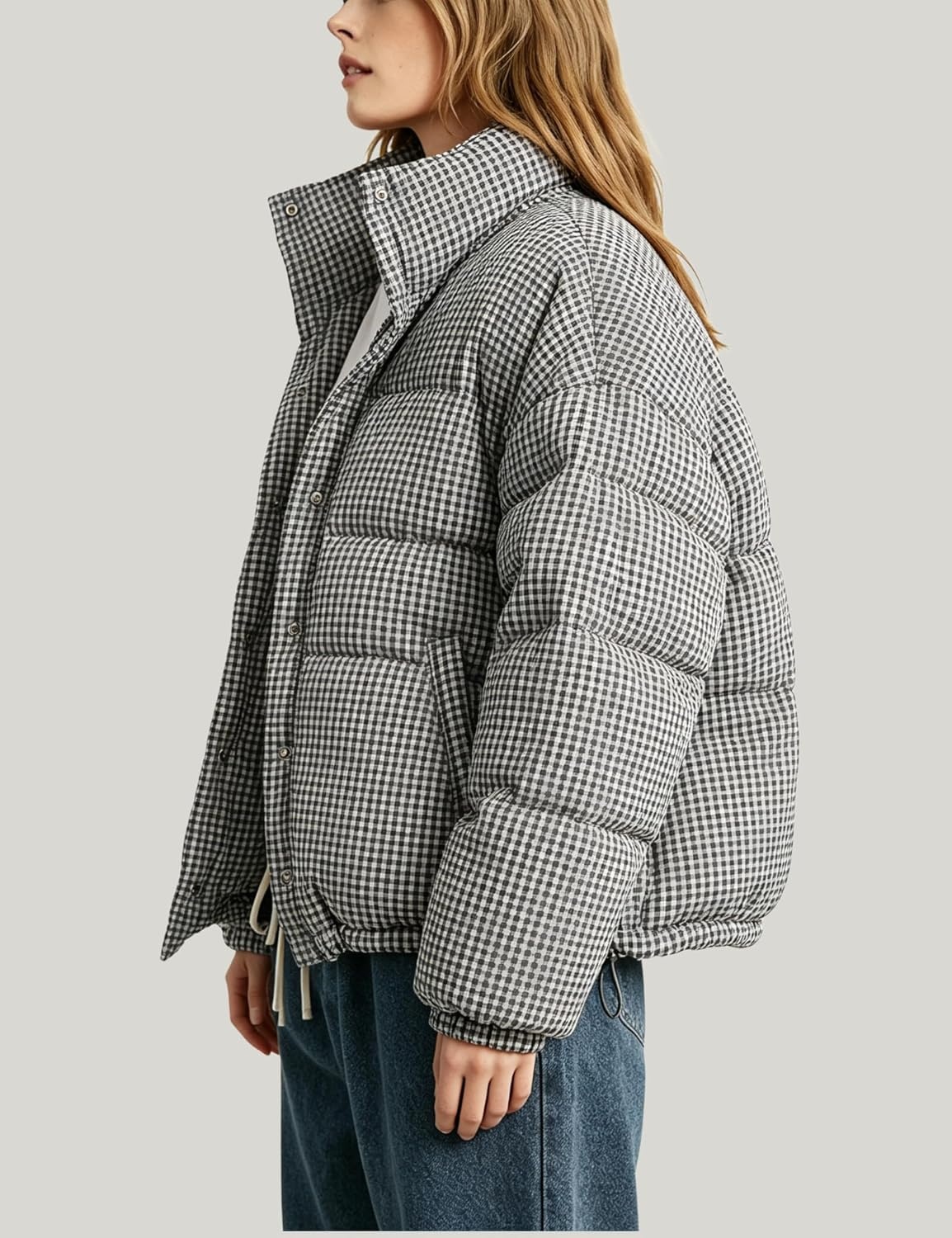 image:imageSpringrain Womens Gingham Quilted Zip Up Puffer Jacket Winter Warm CoatBlack
