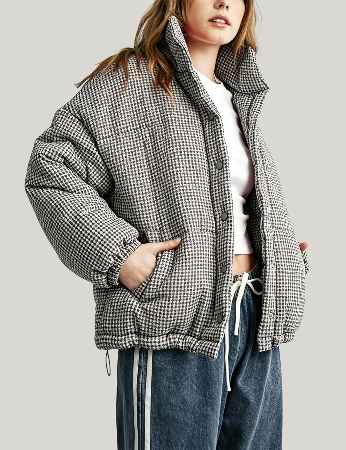 image:imageSpringrain Womens Gingham Quilted Zip Up Puffer Jacket Winter Warm CoatBlack