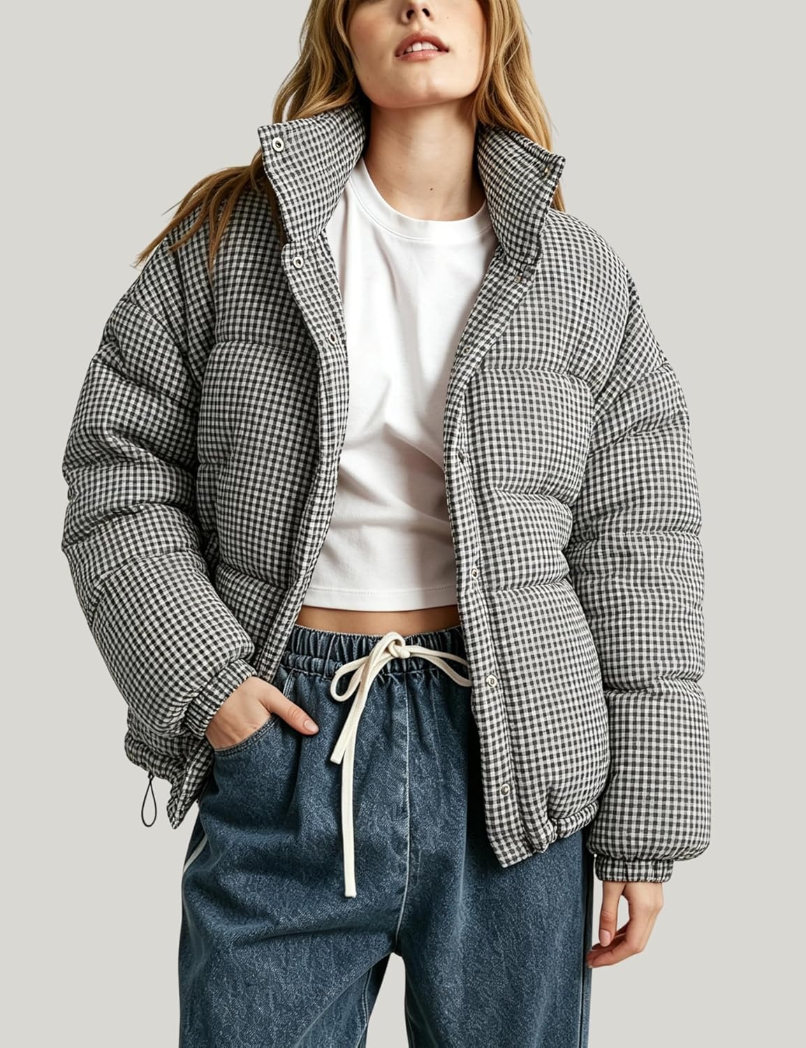image:imageSpringrain Womens Gingham Quilted Zip Up Puffer Jacket Winter Warm CoatBlack