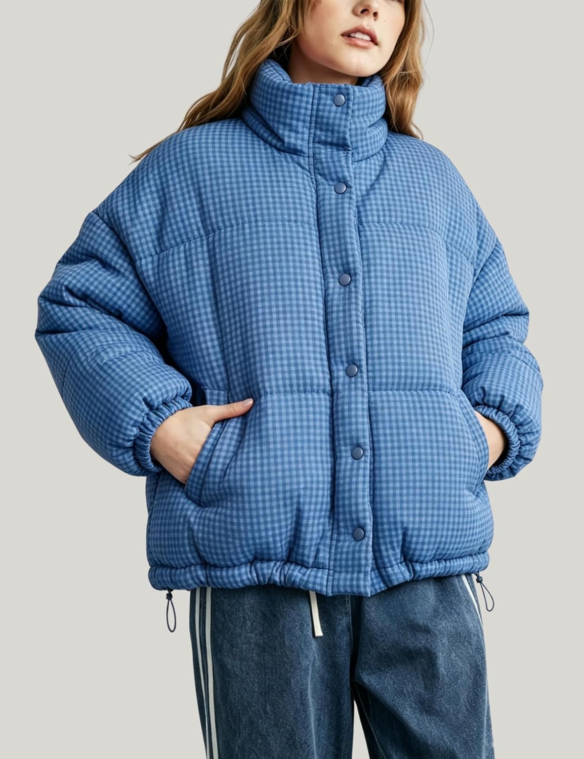 image:imageSpringrain Womens Gingham Quilted Zip Up Puffer Jacket Winter Warm CoatBlue