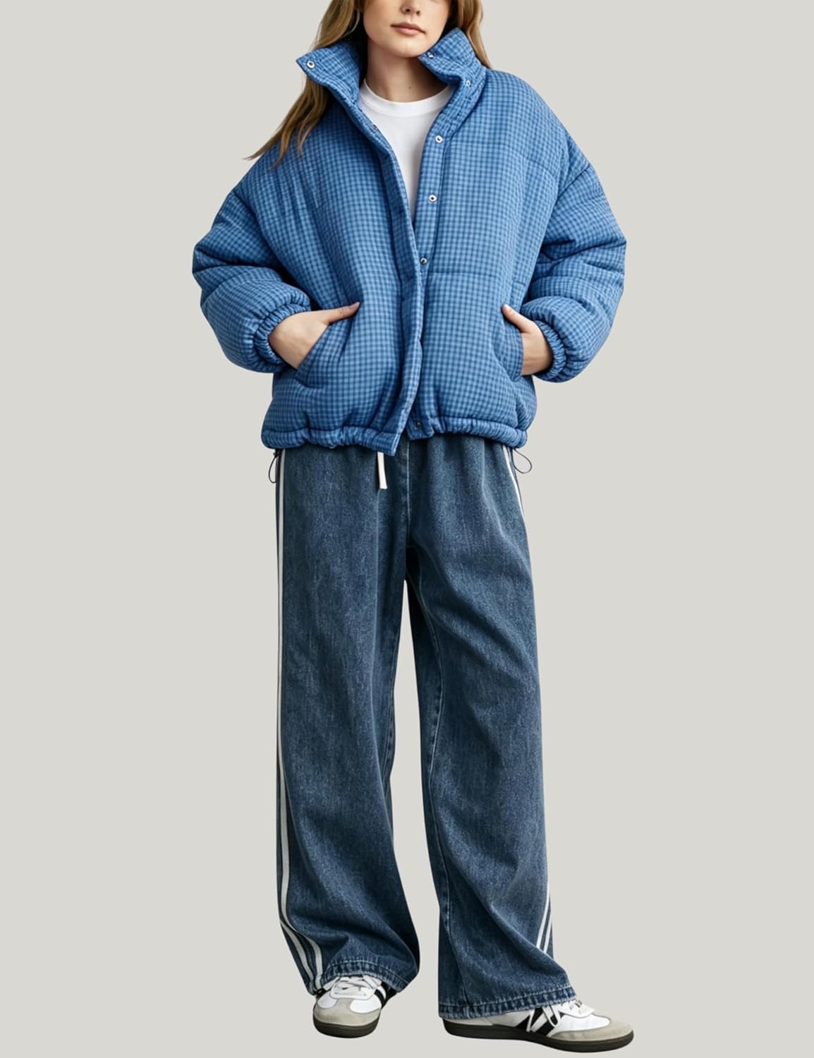 image:imageSpringrain Womens Gingham Quilted Zip Up Puffer Jacket Winter Warm CoatBlue