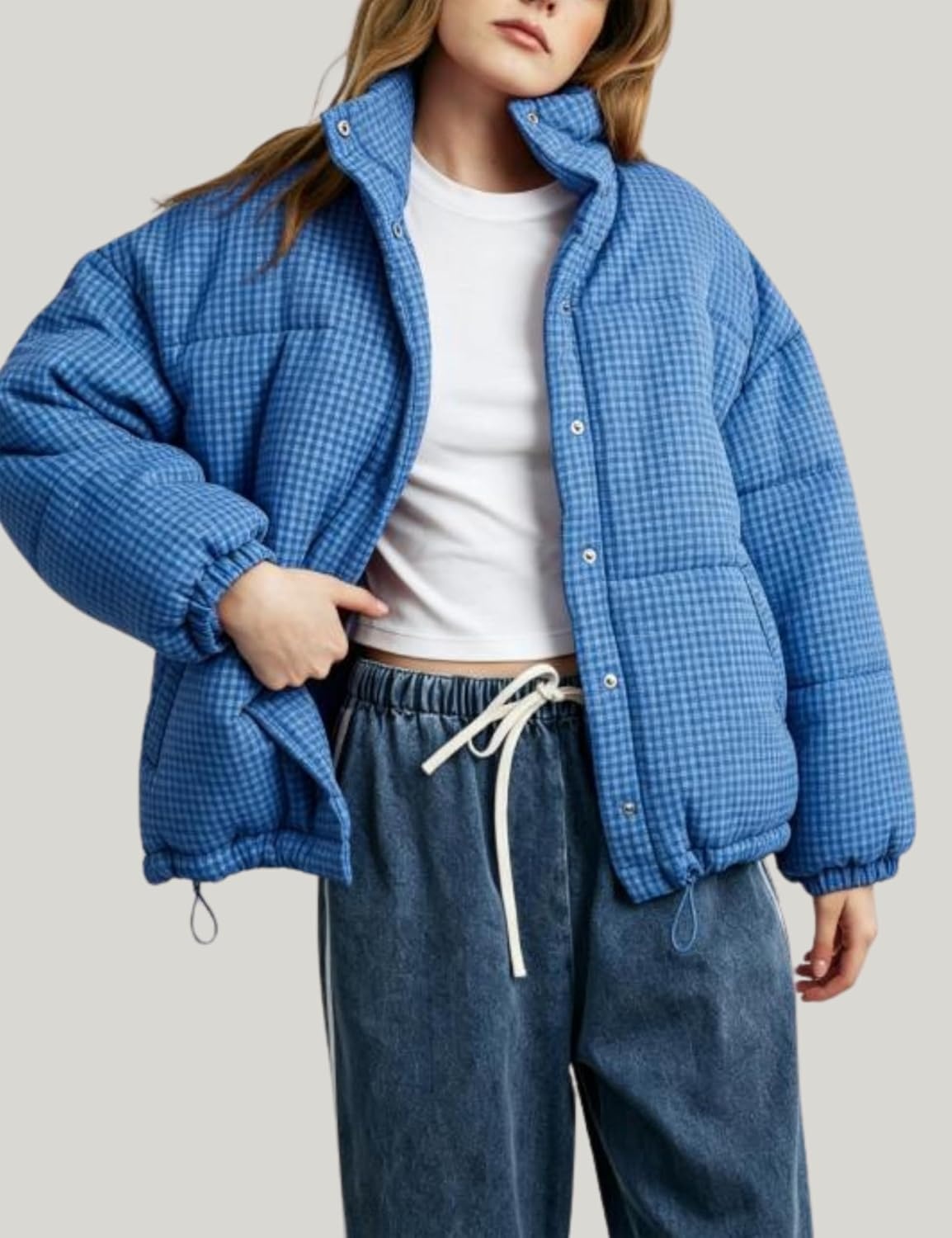 image:imageSpringrain Womens Gingham Quilted Zip Up Puffer Jacket Winter Warm CoatBlue
