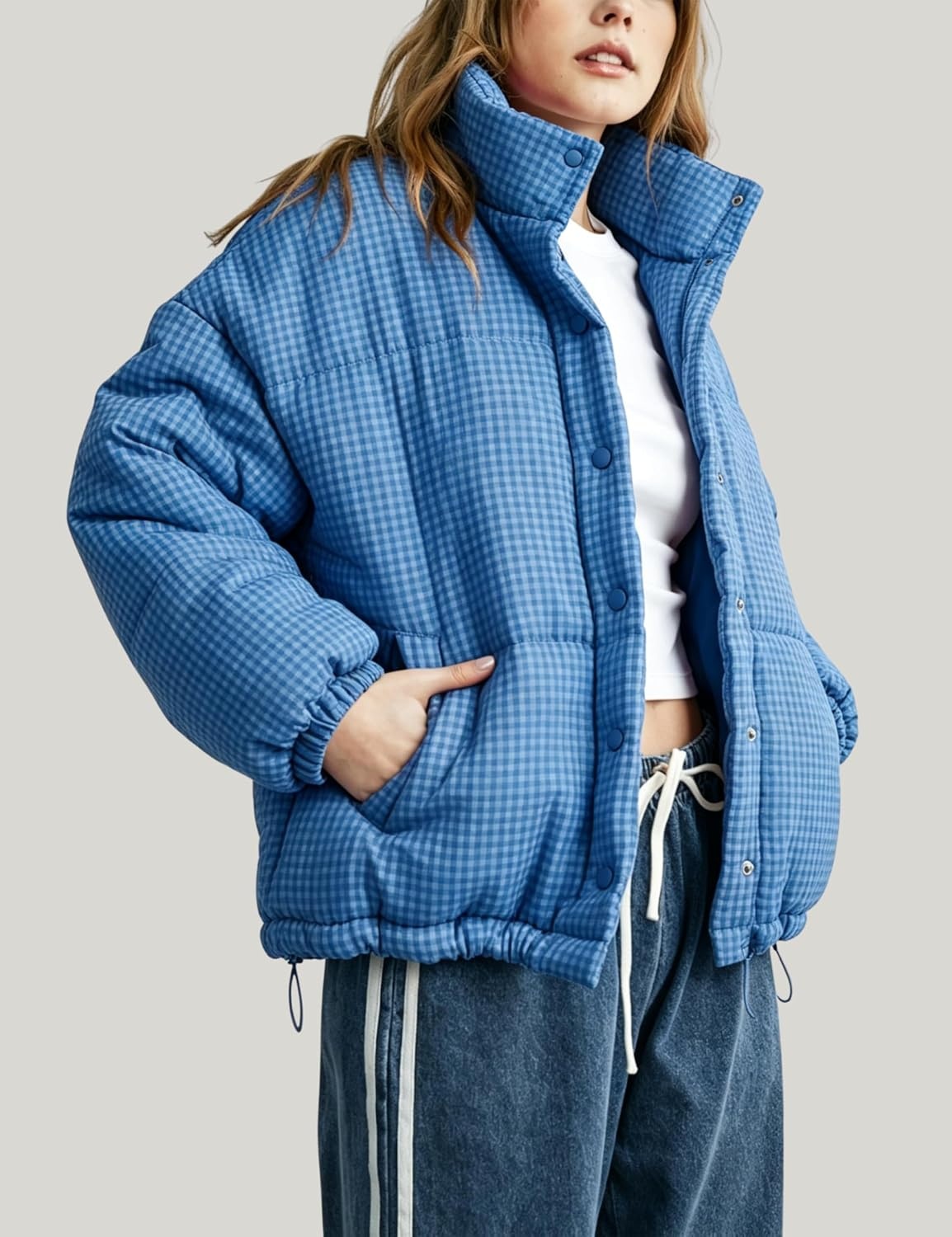 image:imageSpringrain Womens Gingham Quilted Zip Up Puffer Jacket Winter Warm CoatBlue