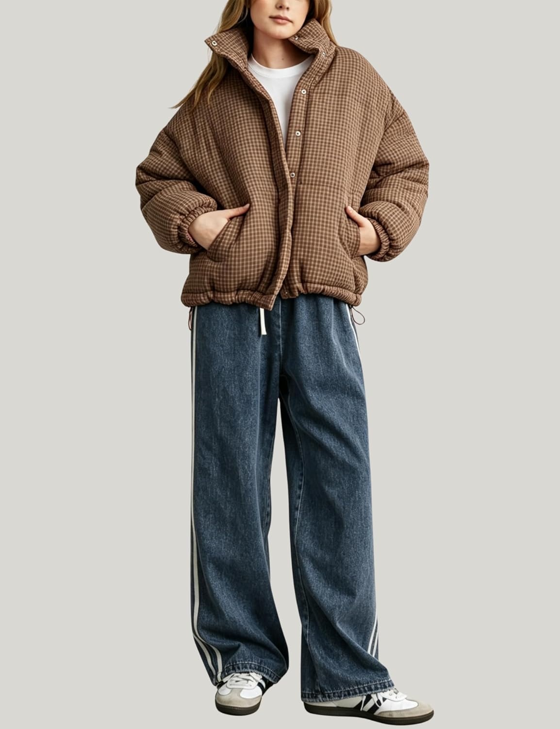 image:imageSpringrain Womens Gingham Quilted Zip Up Puffer Jacket Winter Warm CoatBrown
