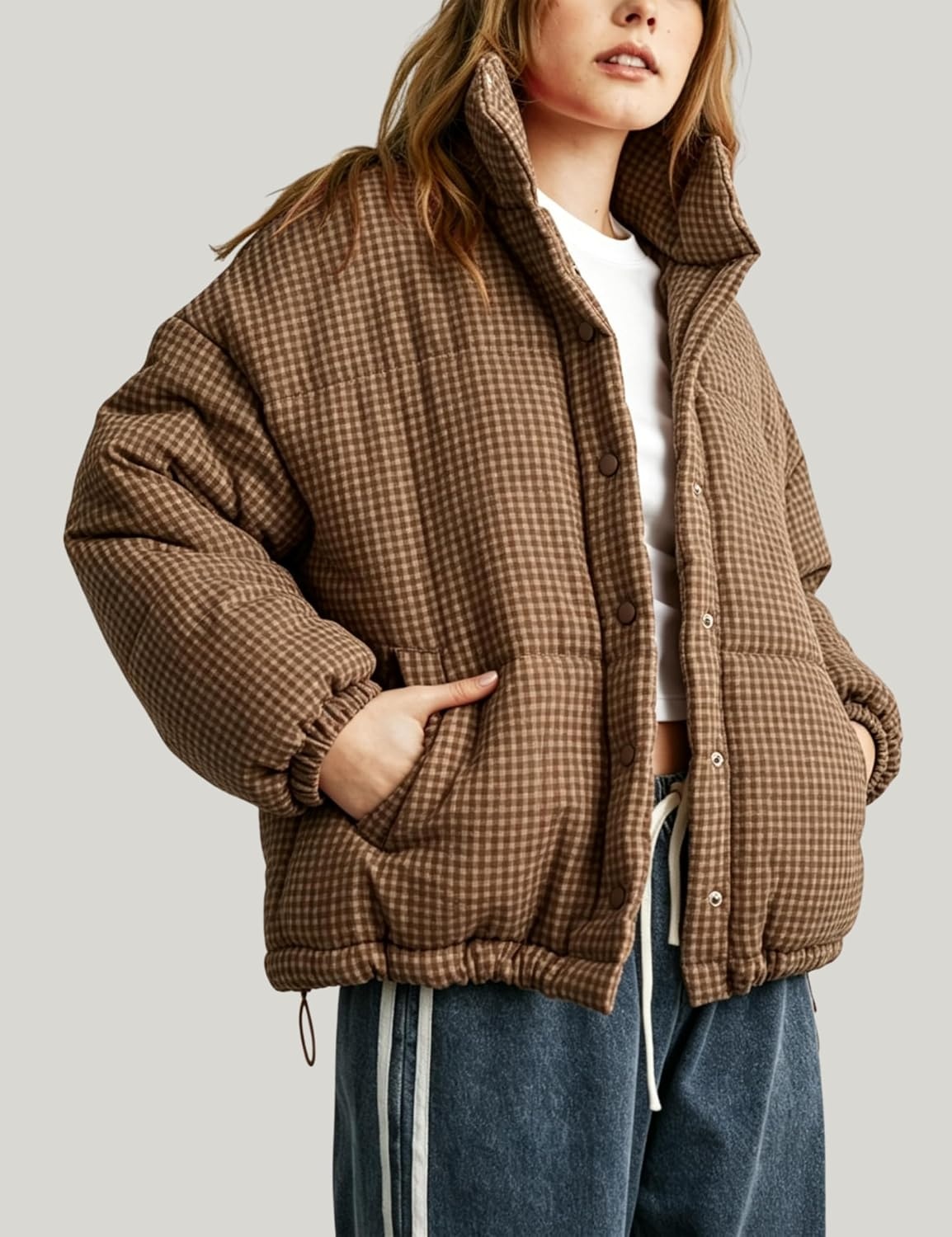 image:imageSpringrain Womens Gingham Quilted Zip Up Puffer Jacket Winter Warm CoatBrown