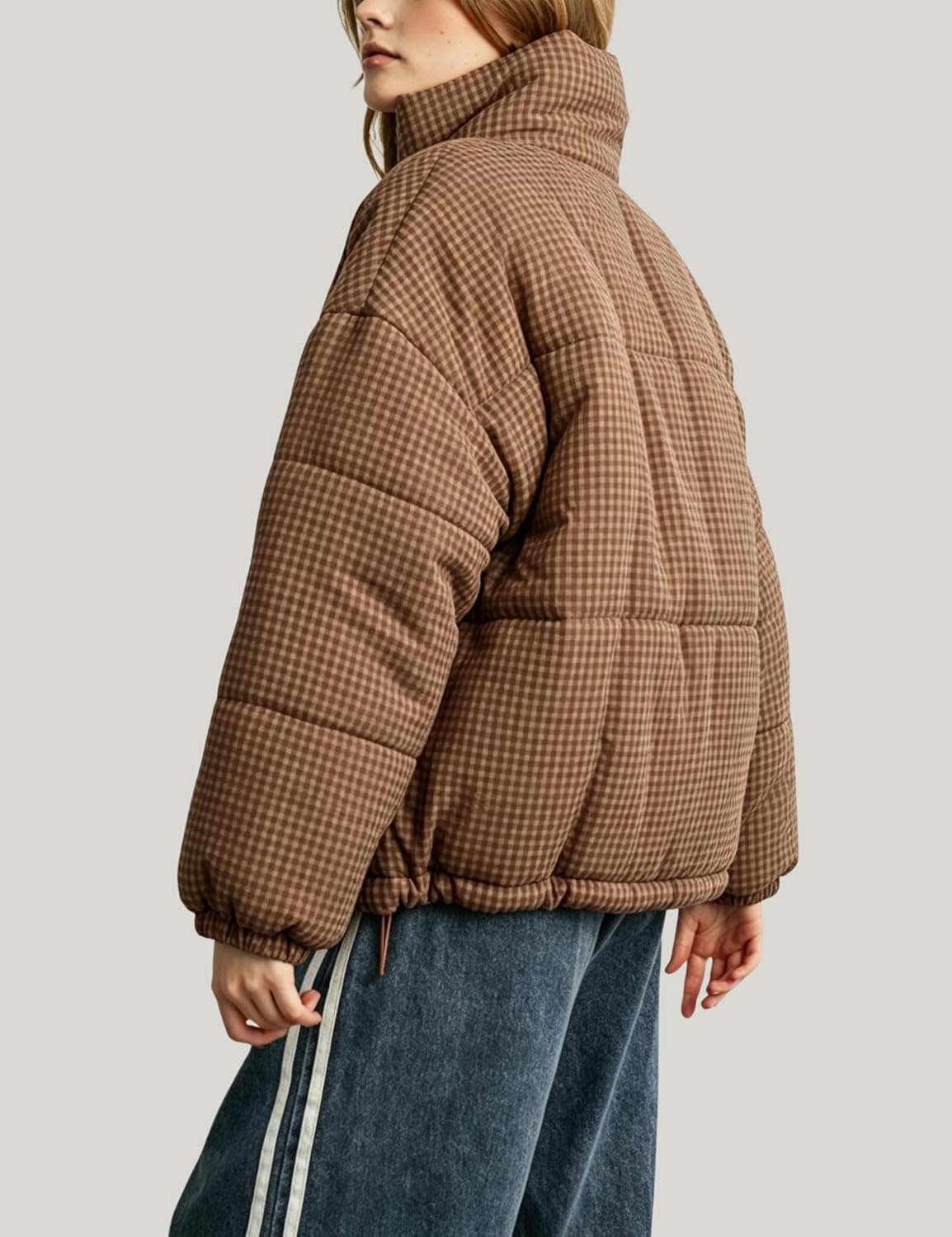 image:imageSpringrain Womens Gingham Quilted Zip Up Puffer Jacket Winter Warm CoatBrown