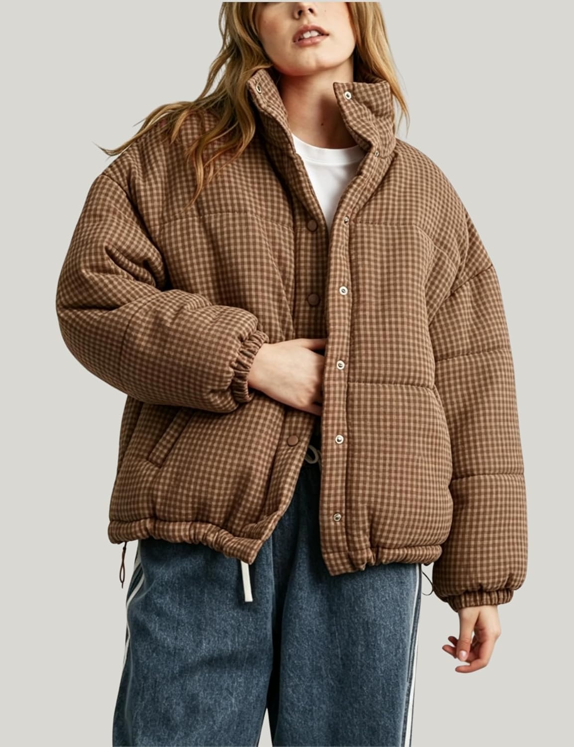 image:imageSpringrain Womens Gingham Quilted Zip Up Puffer Jacket Winter Warm CoatBrown