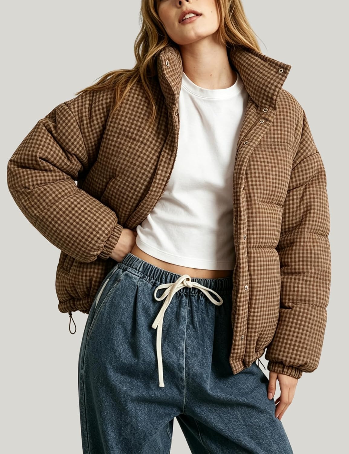 image:imageSpringrain Womens Gingham Quilted Zip Up Puffer Jacket Winter Warm CoatBrown