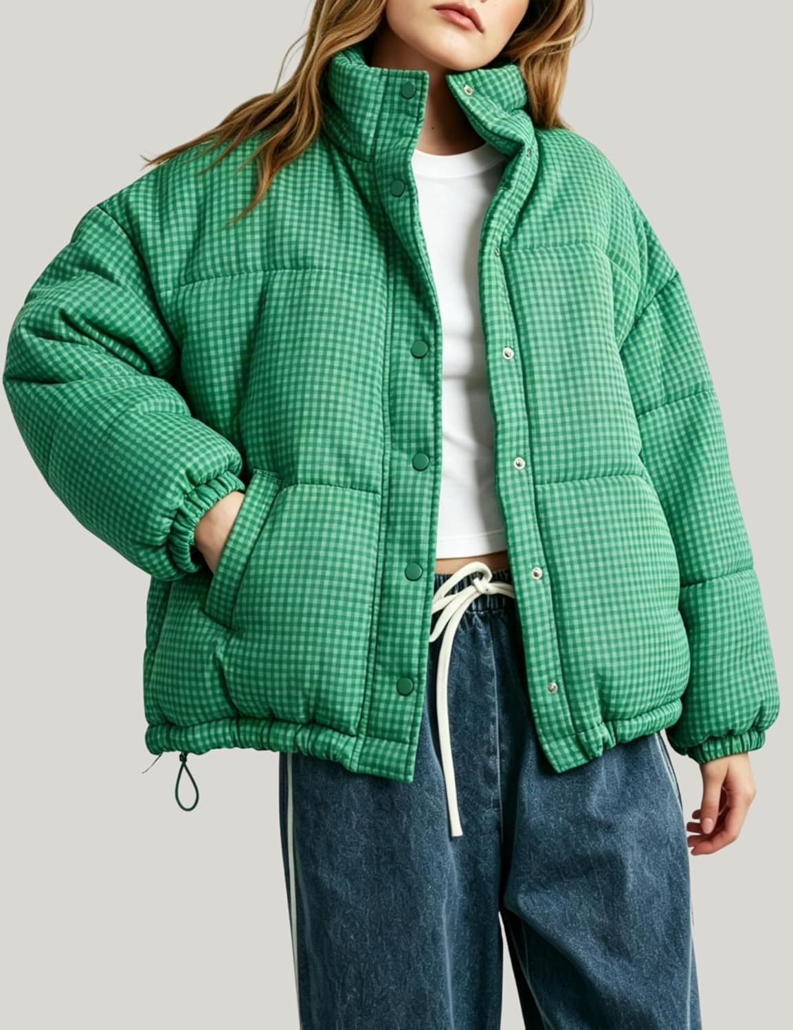 image:imageSpringrain Womens Gingham Quilted Zip Up Puffer Jacket Winter Warm CoatGreen