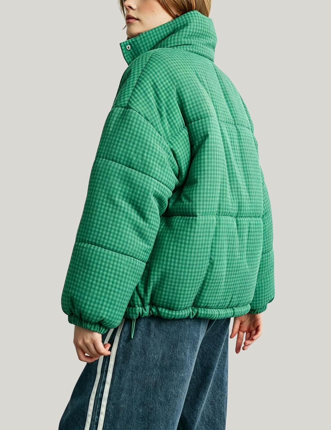 image:imageSpringrain Womens Gingham Quilted Zip Up Puffer Jacket Winter Warm CoatGreen