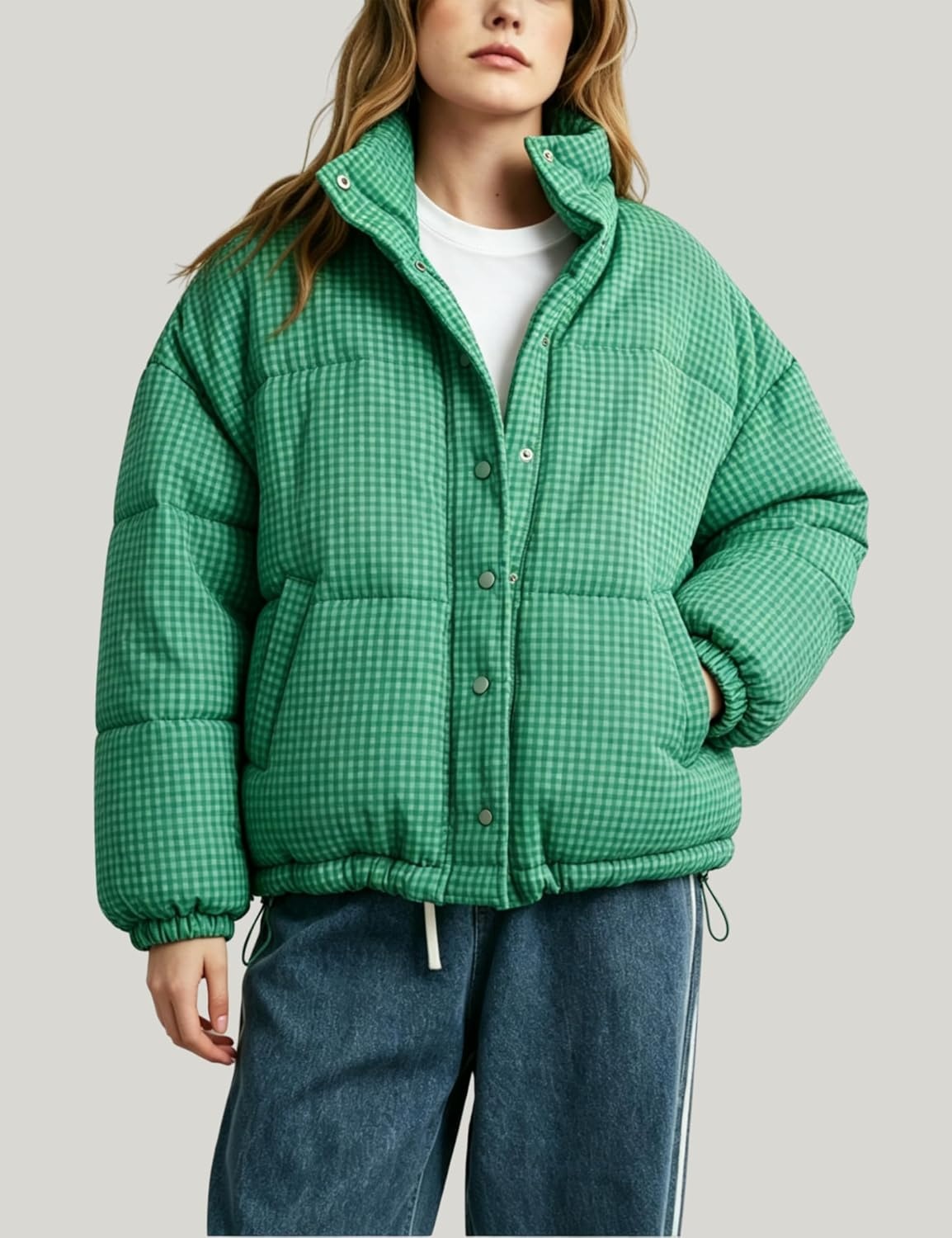 image:imageSpringrain Womens Gingham Quilted Zip Up Puffer Jacket Winter Warm CoatGreen