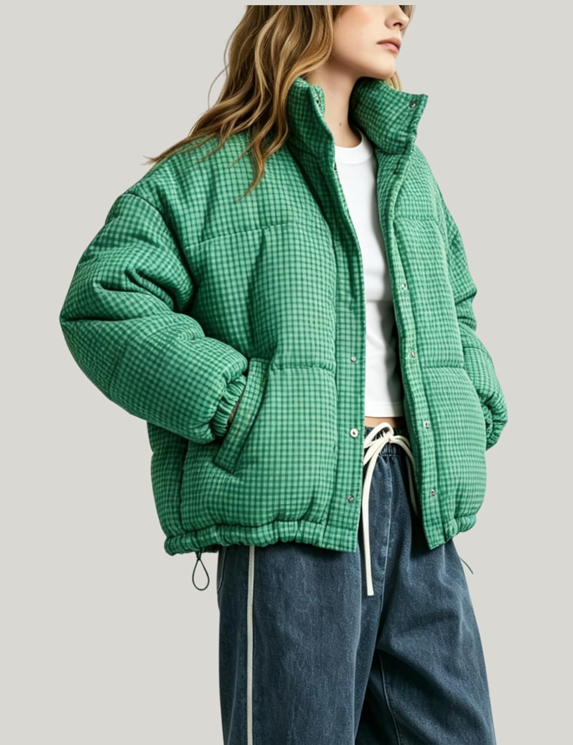 image:imageSpringrain Womens Gingham Quilted Zip Up Puffer Jacket Winter Warm CoatGreen