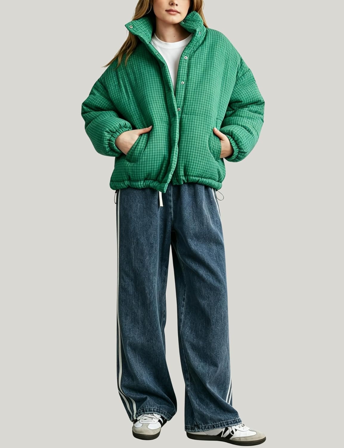 image:imageSpringrain Womens Gingham Quilted Zip Up Puffer Jacket Winter Warm CoatGreen