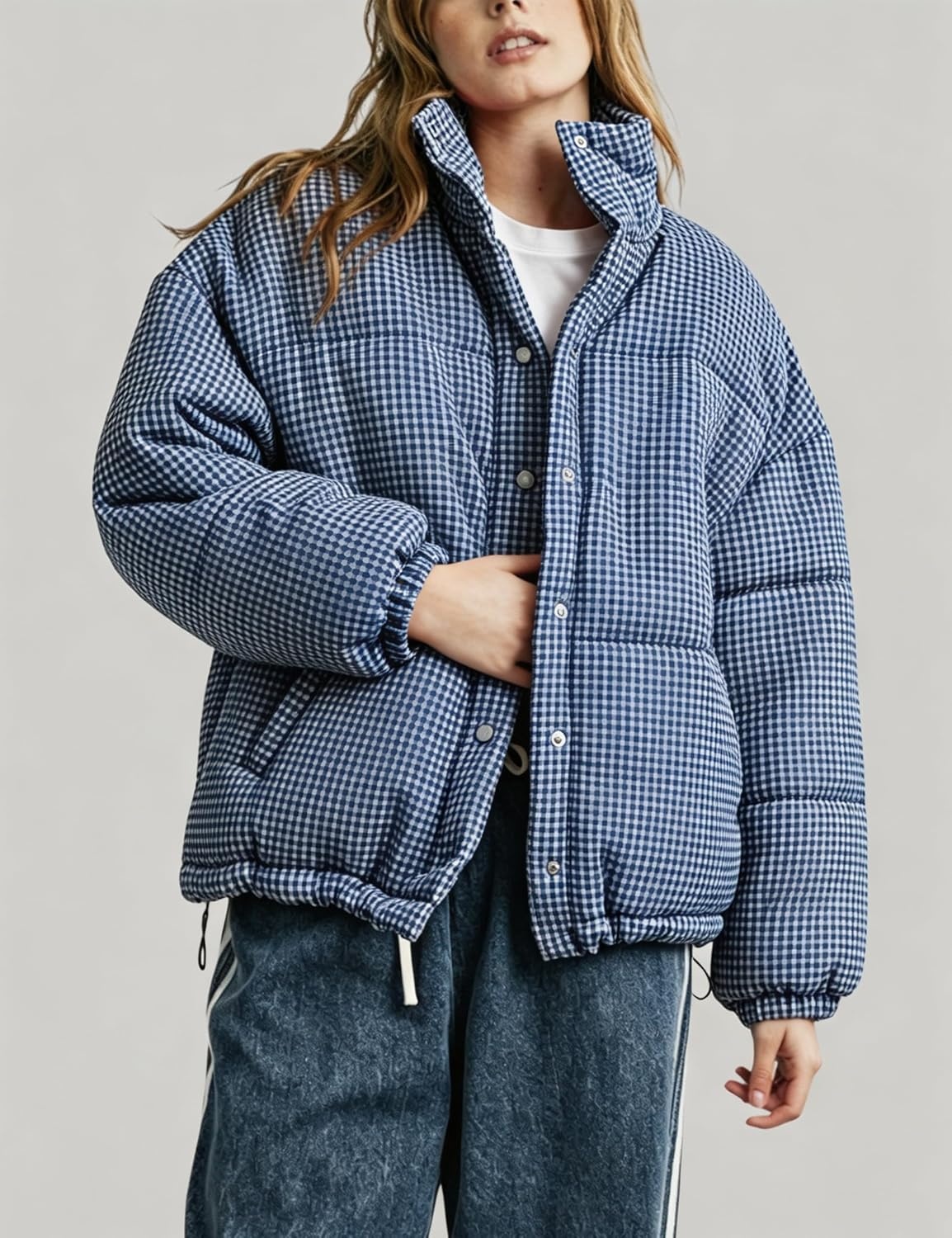 image:imageSpringrain Womens Gingham Quilted Zip Up Puffer Jacket Winter Warm CoatNavy
