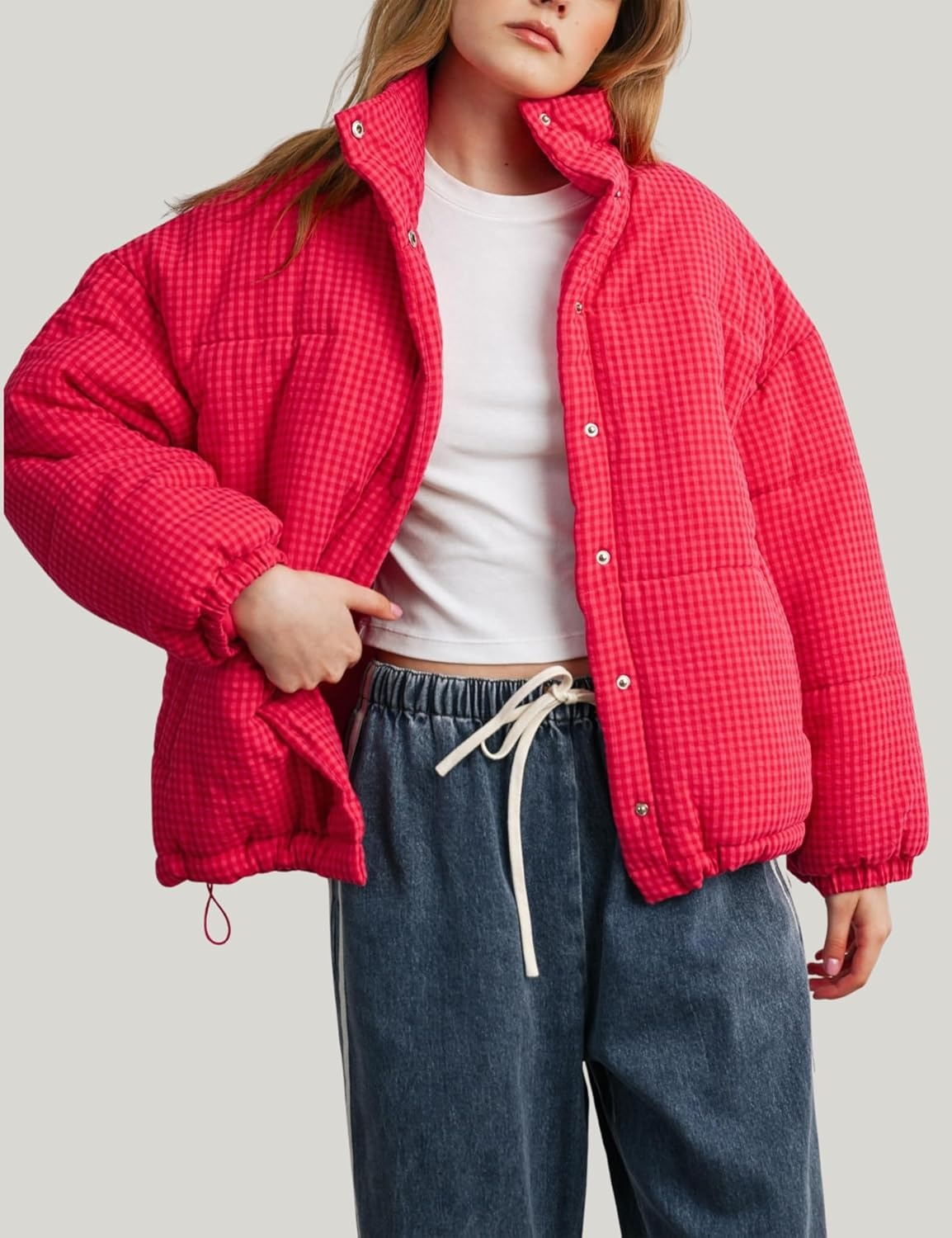 image:imageSpringrain Womens Gingham Quilted Zip Up Puffer Jacket Winter Warm CoatRed