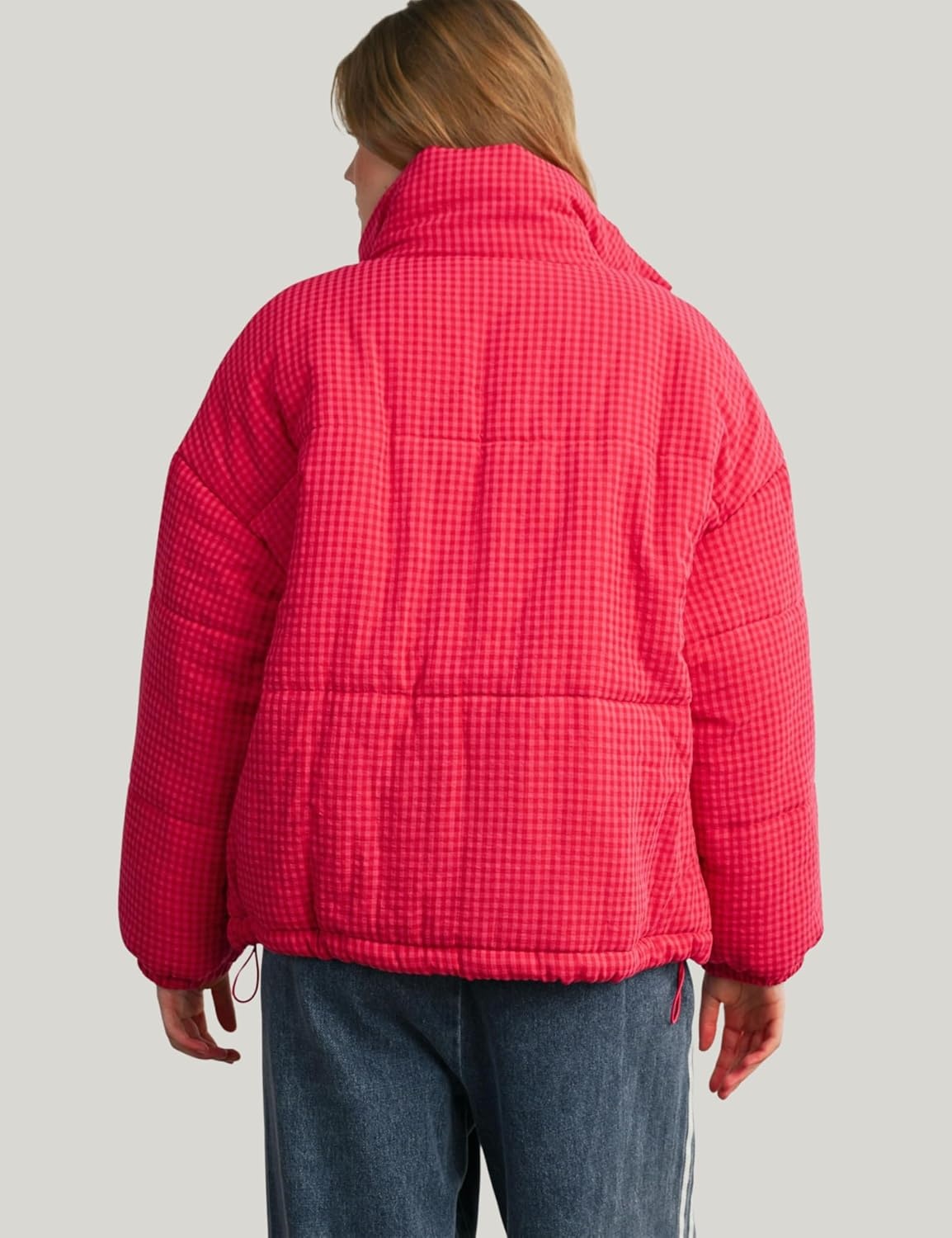 image:imageSpringrain Womens Gingham Quilted Zip Up Puffer Jacket Winter Warm CoatRed
