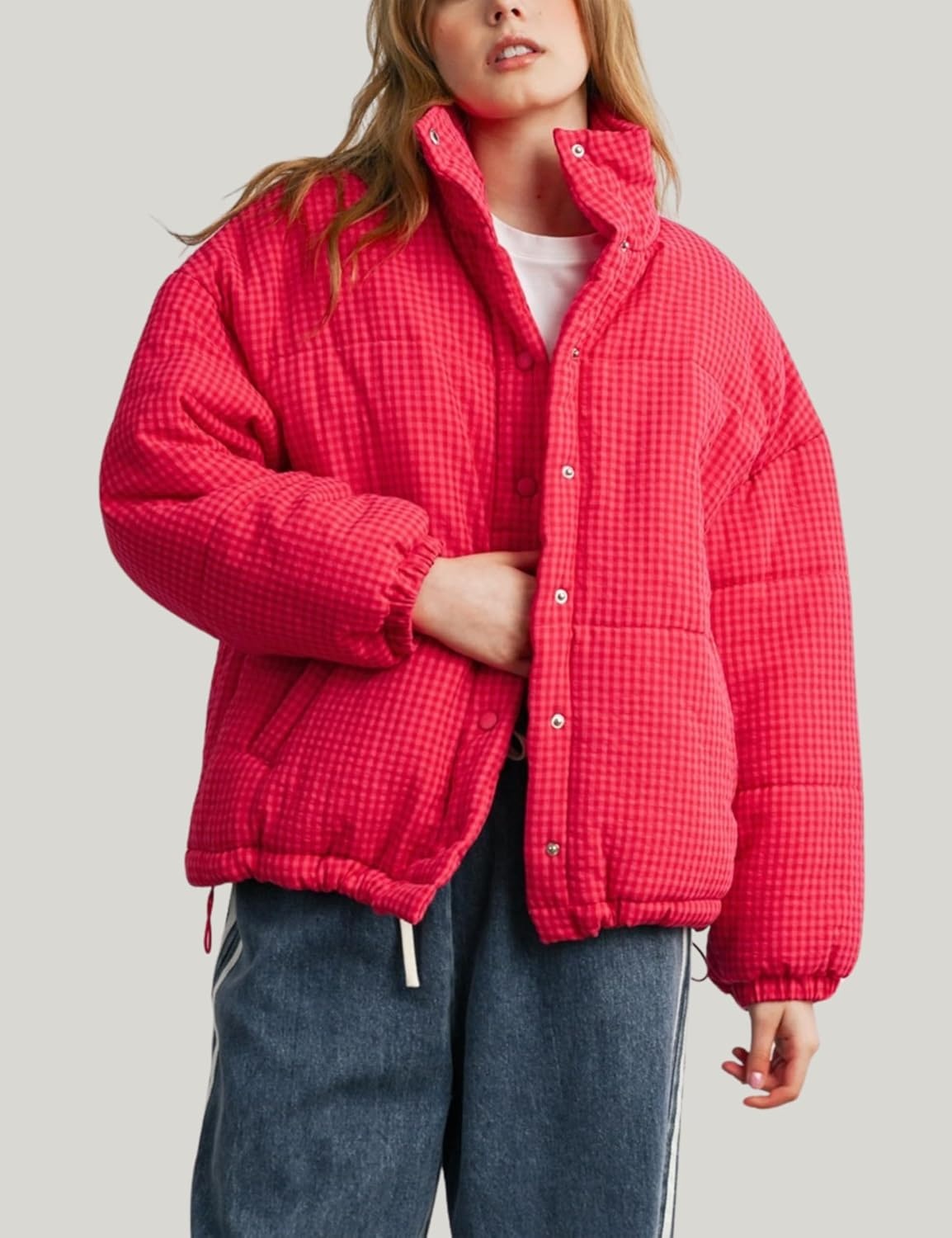 image:imageSpringrain Womens Gingham Quilted Zip Up Puffer Jacket Winter Warm CoatRed