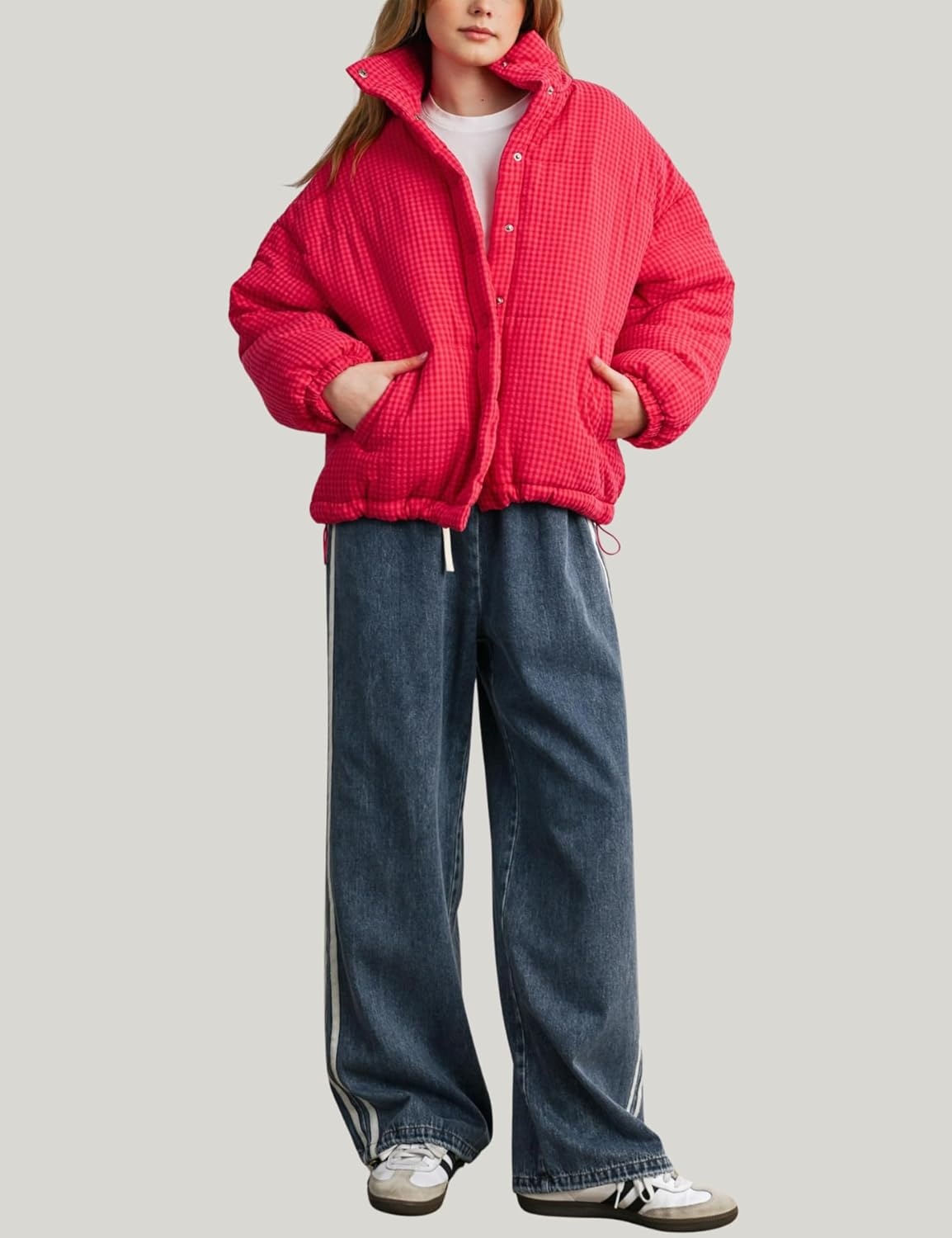 image:imageSpringrain Womens Gingham Quilted Zip Up Puffer Jacket Winter Warm CoatRed