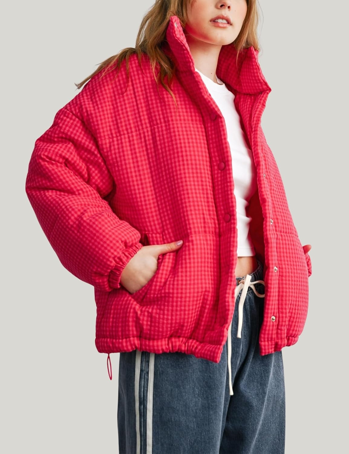 image:imageSpringrain Womens Gingham Quilted Zip Up Puffer Jacket Winter Warm CoatRed