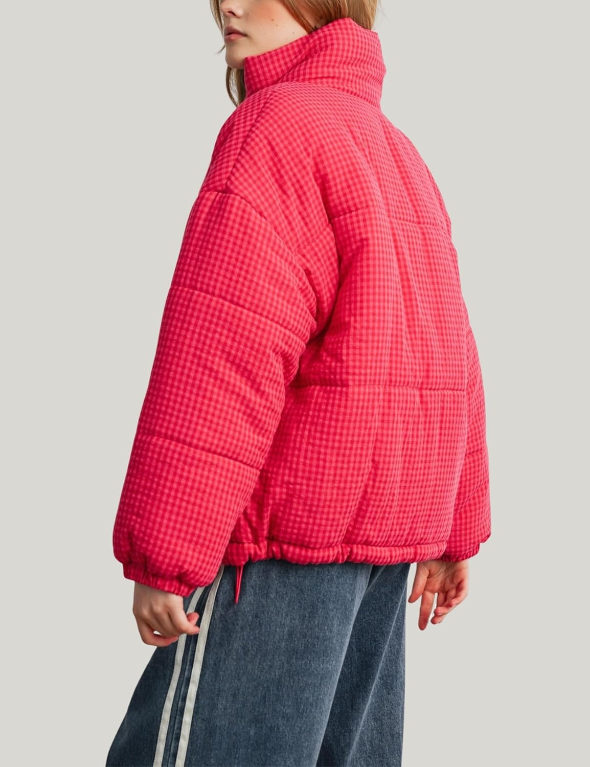 image:imageSpringrain Womens Gingham Quilted Zip Up Puffer Jacket Winter Warm CoatRed