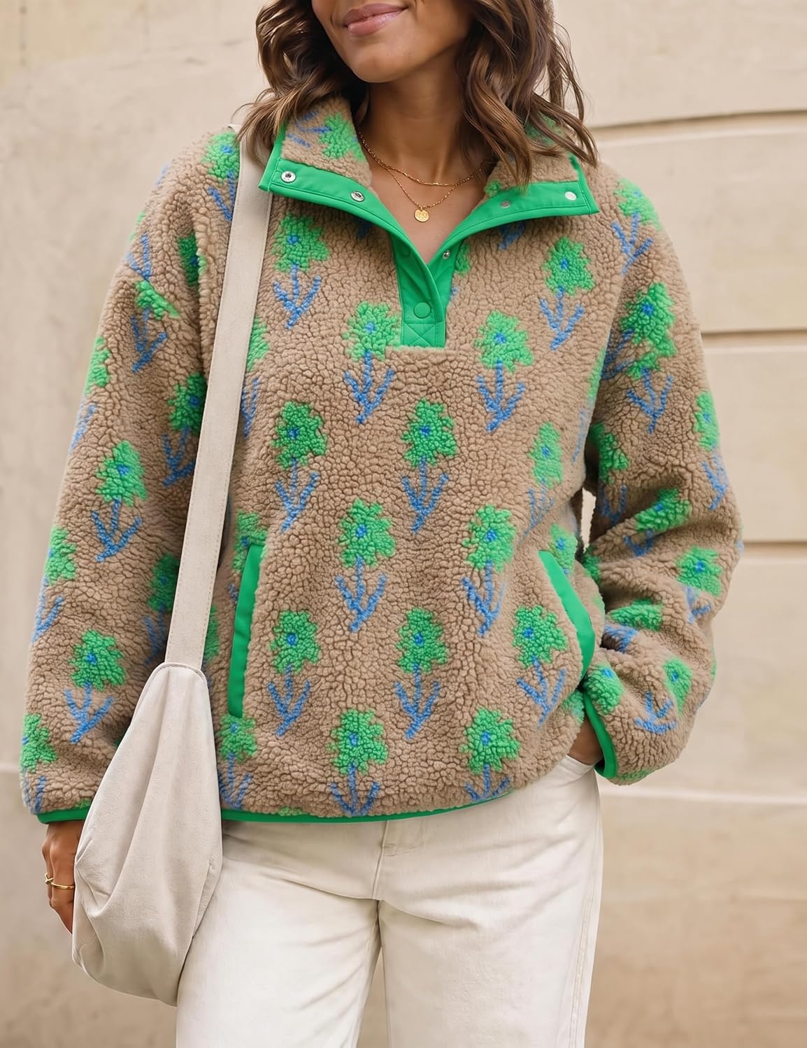 image:imageSpringrain Womens Half Zip Sherpa Fleece Jacket Floral Fall Winter CoatGreen