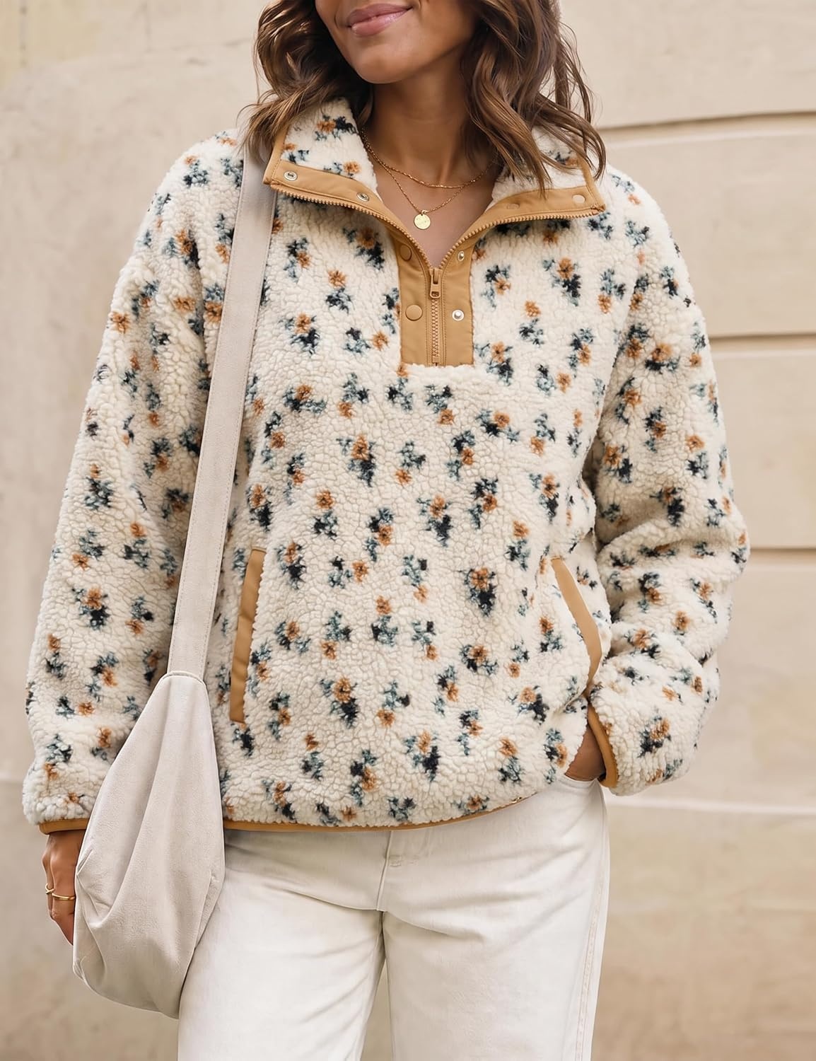 image:imageSpringrain Womens Half Zip Sherpa Fleece Jacket Floral Fall Winter CoatKhaki