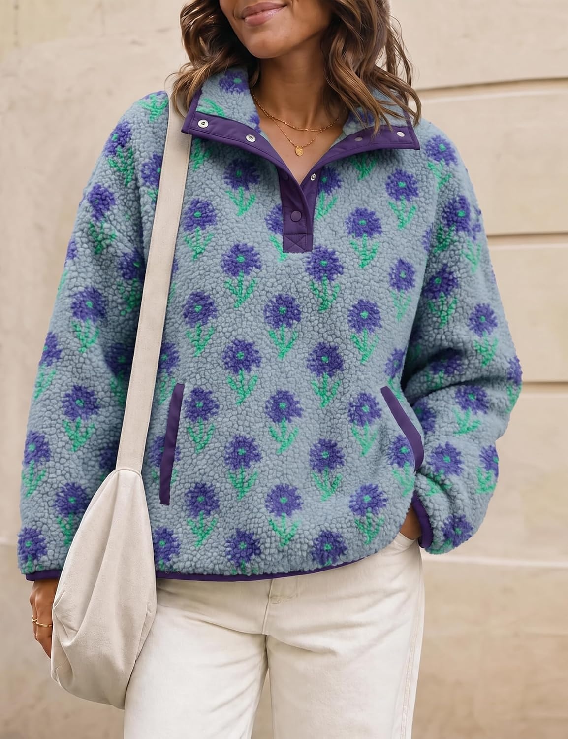 image:imageSpringrain Womens Half Zip Sherpa Fleece Jacket Floral Fall Winter CoatPurple