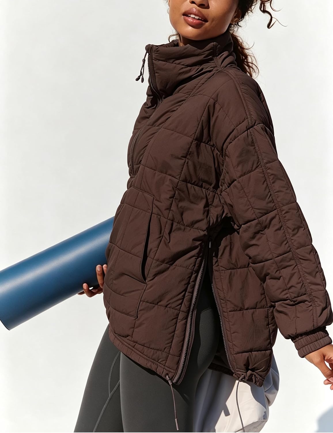 image:imageSpringrain Womens Quilted Pullover Puffer Jacket Oversized Half Zip CoatCoffee