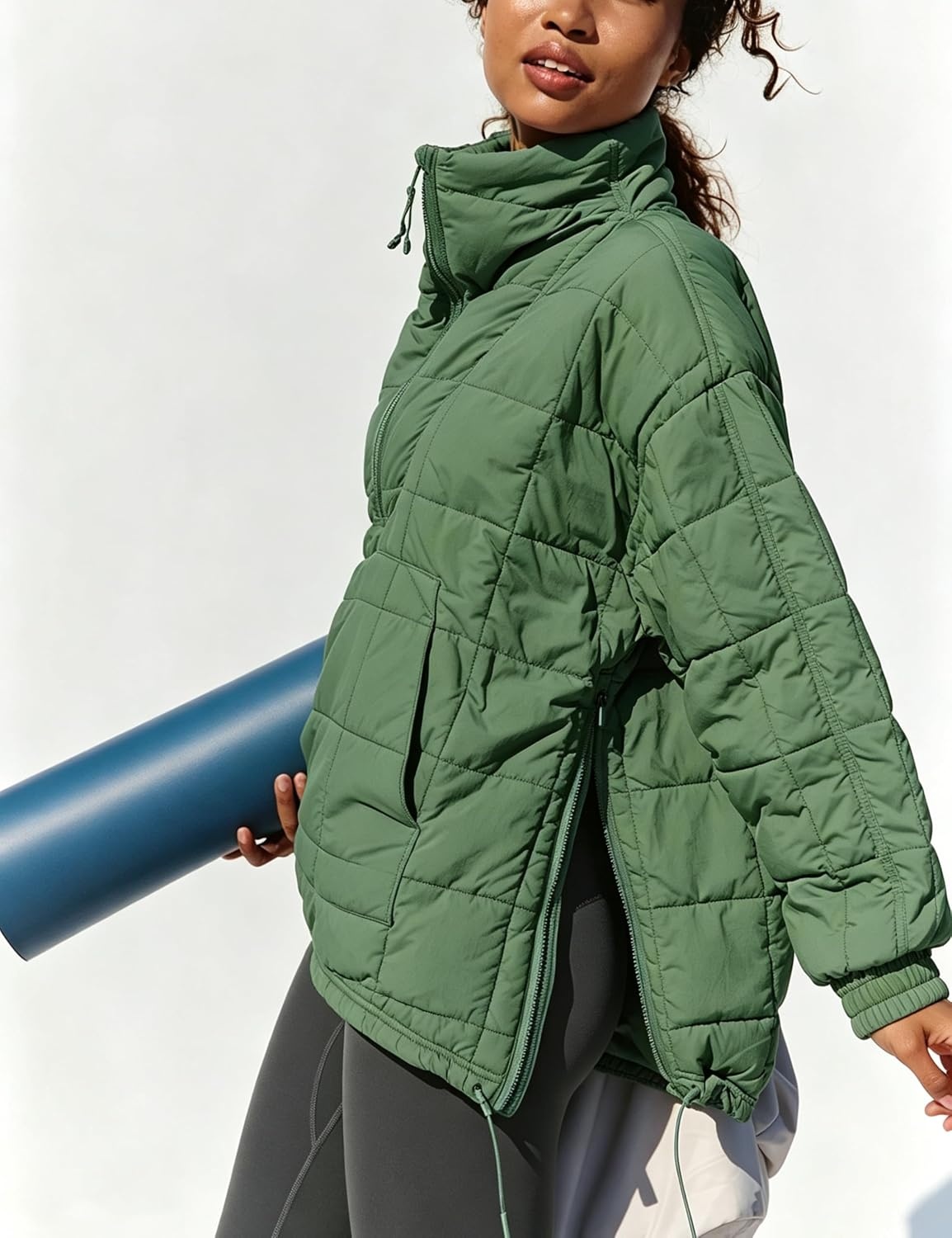 image:imageSpringrain Womens Quilted Pullover Puffer Jacket Oversized Half Zip CoatGreen
