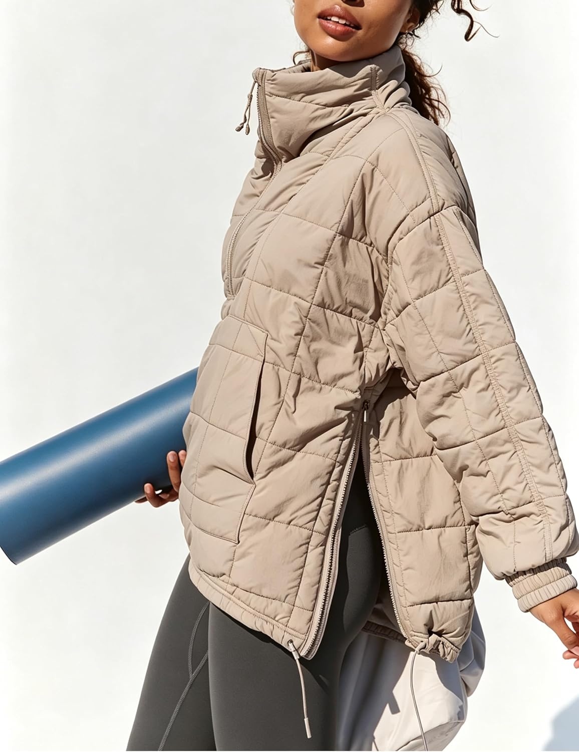 image:imageSpringrain Womens Quilted Pullover Puffer Jacket Oversized Half Zip CoatKhaki