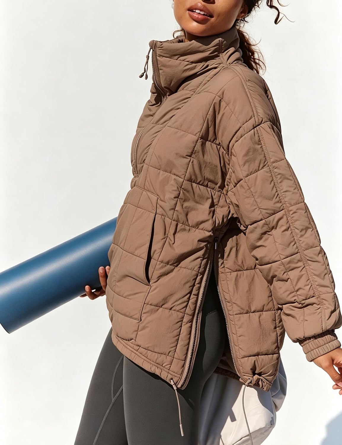 image:imageSpringrain Womens Quilted Pullover Puffer Jacket Oversized Half Zip CoatLightbrown