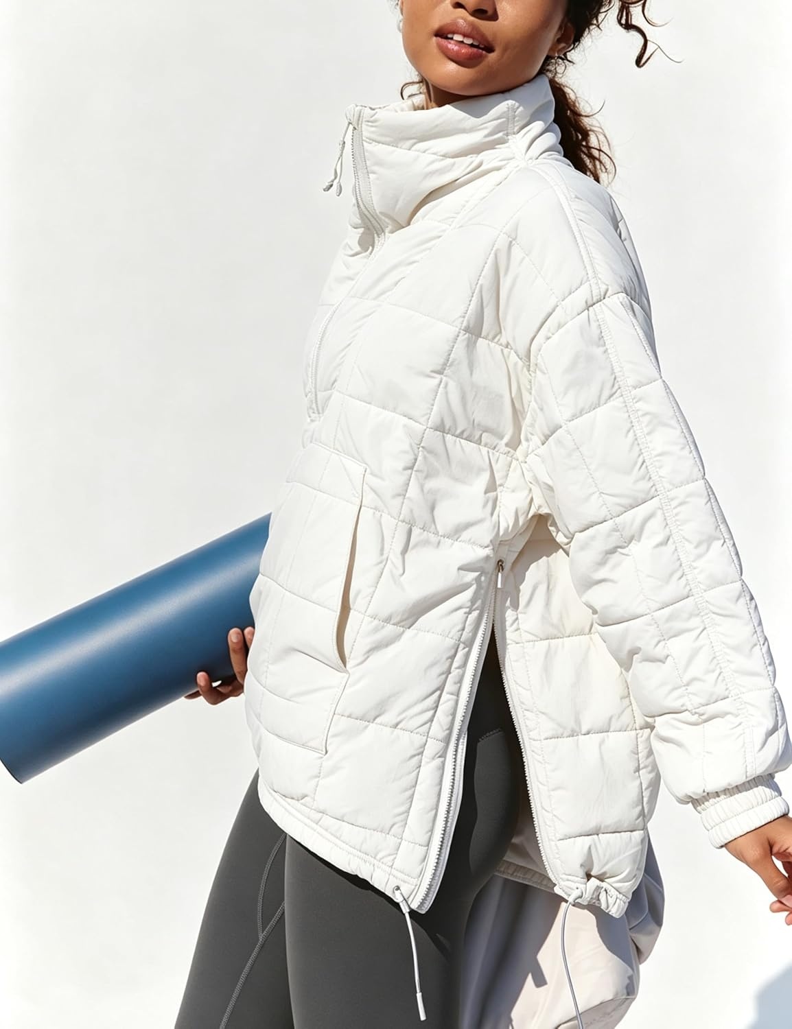 image:imageSpringrain Womens Quilted Pullover Puffer Jacket Oversized Half Zip CoatWhite