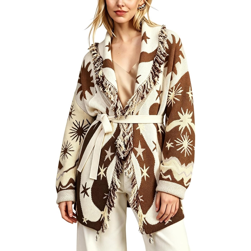 image:imageSpringrain Womens Boho Fringe Knit Cardigan Belted Wrap Sweater CoatBrown