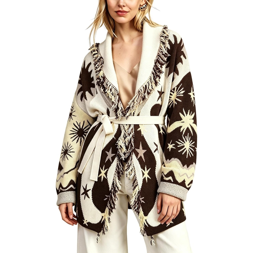 image:imageSpringrain Womens Boho Fringe Knit Cardigan Belted Wrap Sweater CoatCoffee